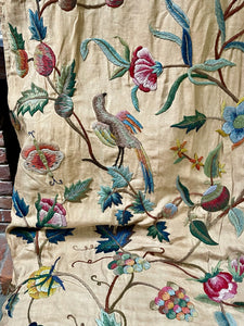 Antique Crewelwork Curtain Tree Of Life Birds Animals Circa 1800