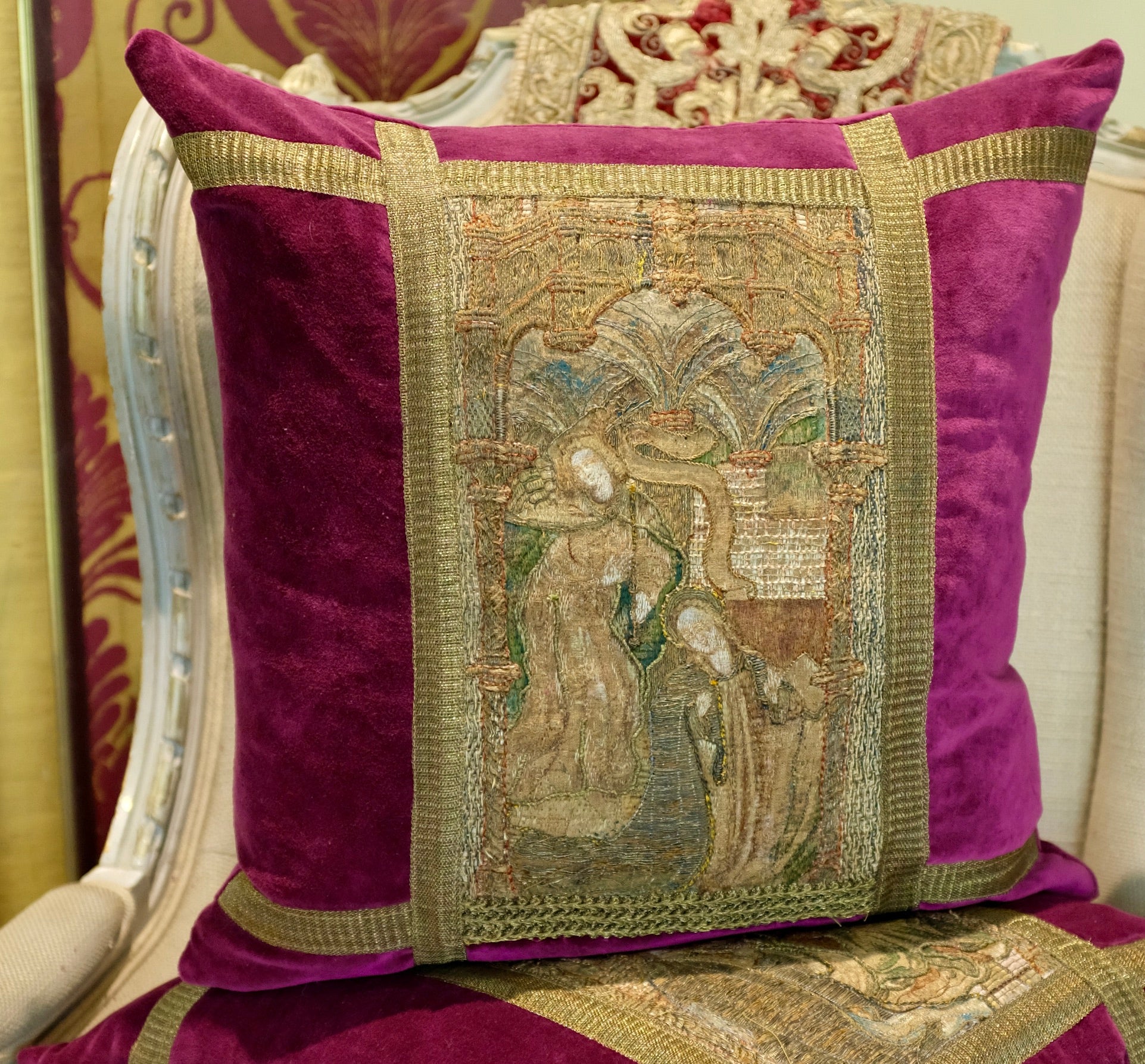 Hand Made Bespoke Pillows Medieval Embroidery Life of The Virgin