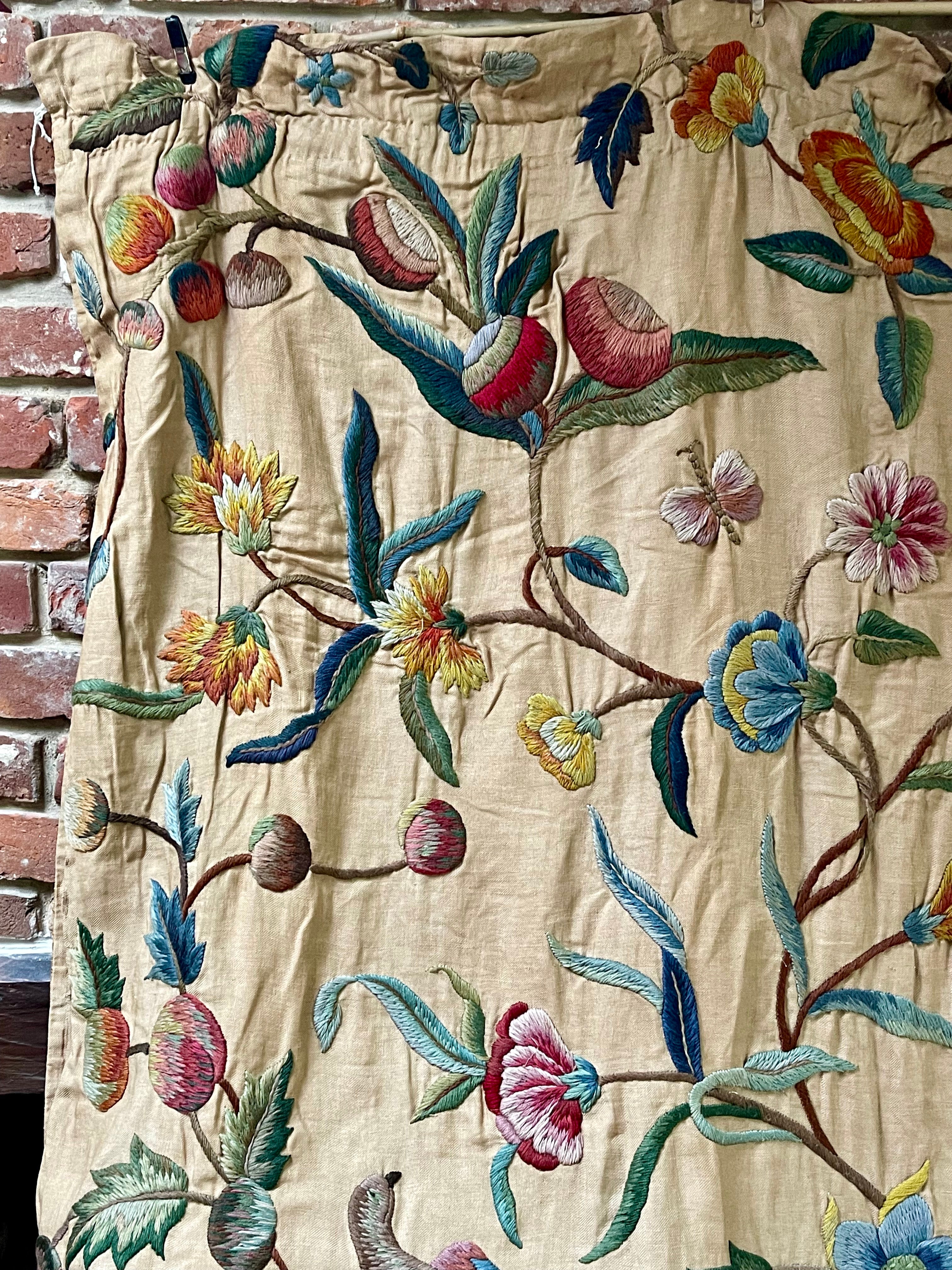 Antique Crewelwork Curtain Tree Of Life Birds Animals Circa 1800