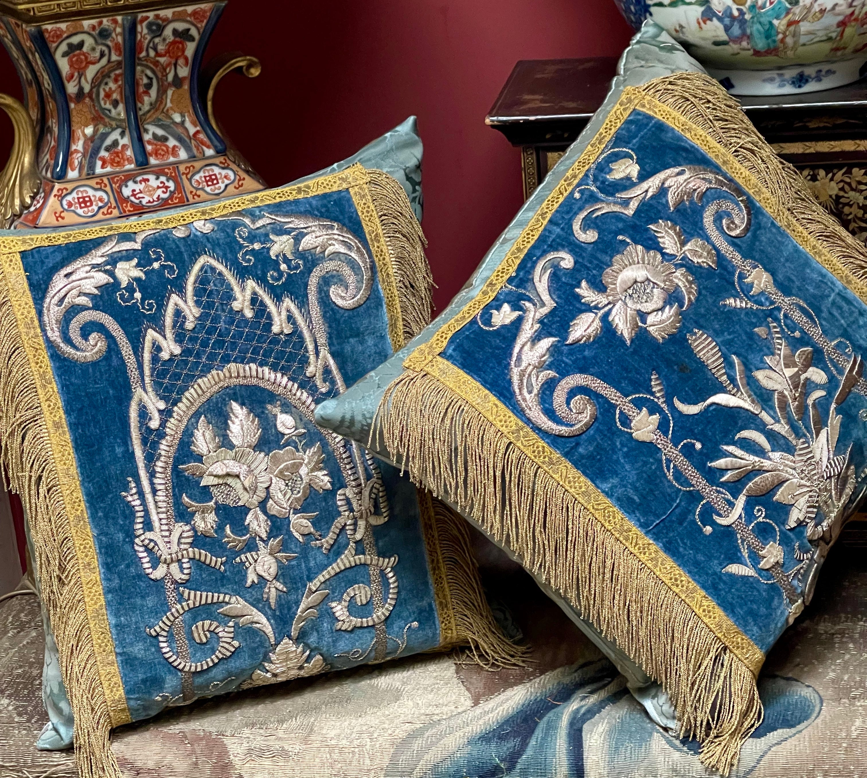 Antique Cushions Blue Velvet Silver Metallic Embroidery PAIR