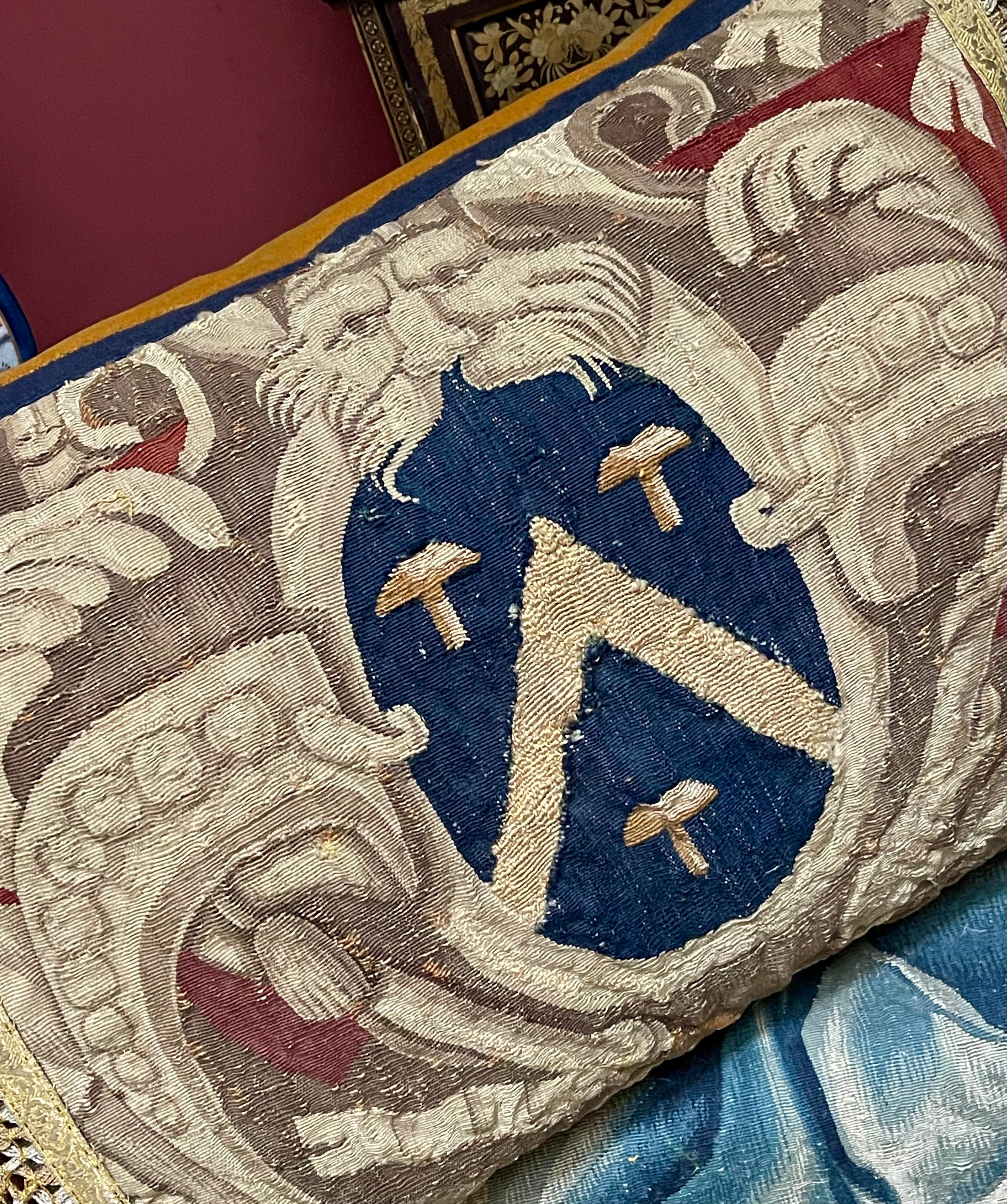 Antique Aubusson Tapestry Armorial Pillow