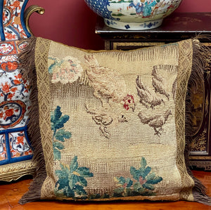 Antique Aubusson Tapestry Pillow CHICKENS