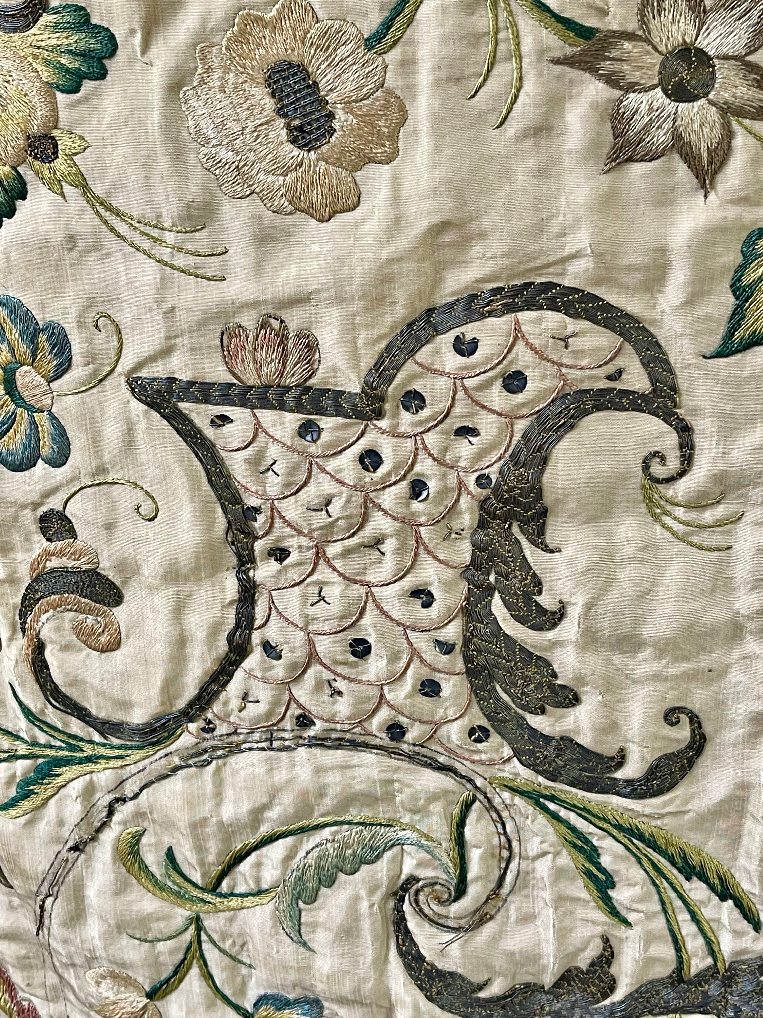 17th Century Embroidered Silk Panel