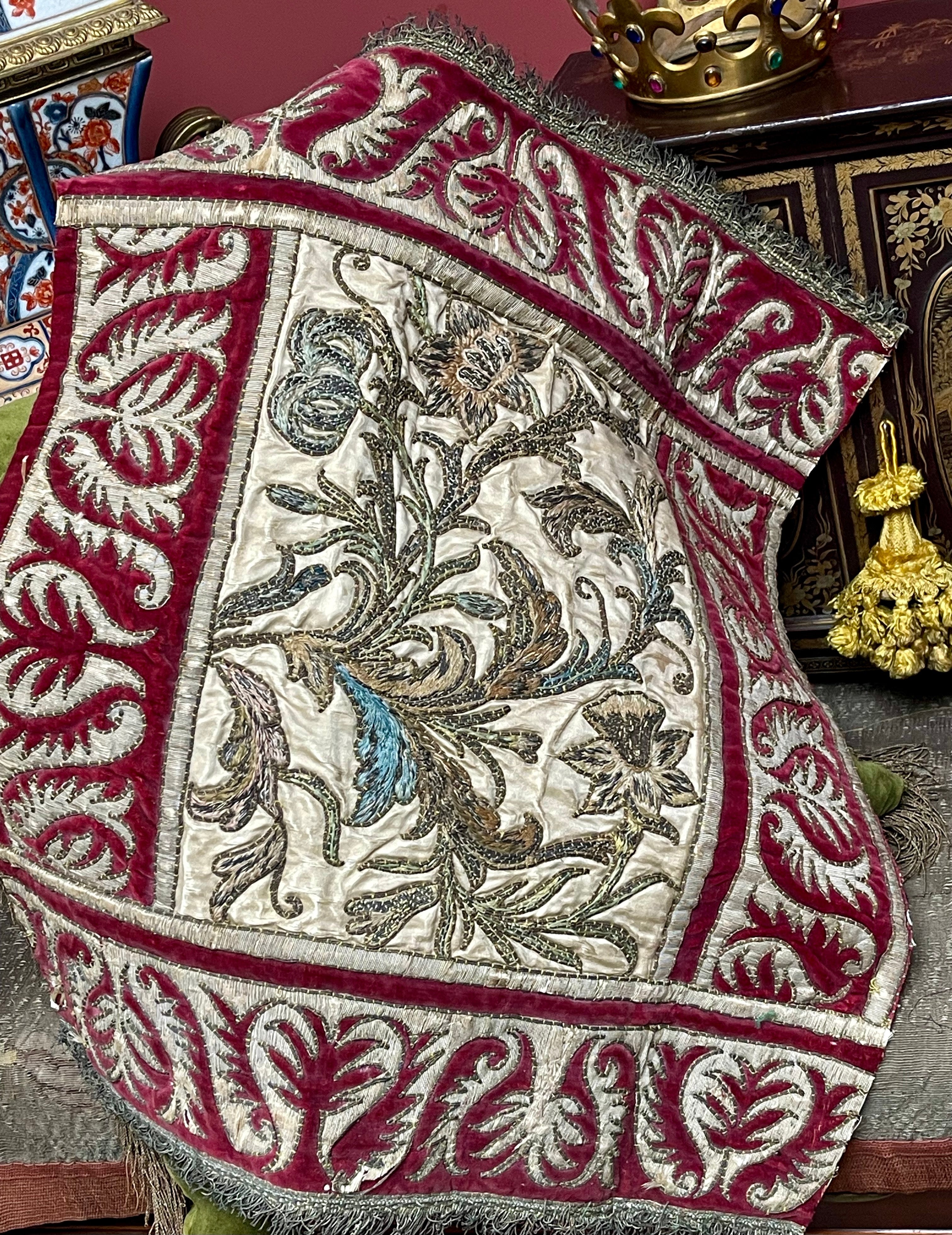 18th Century Embroidered Silk and Velvet Panel