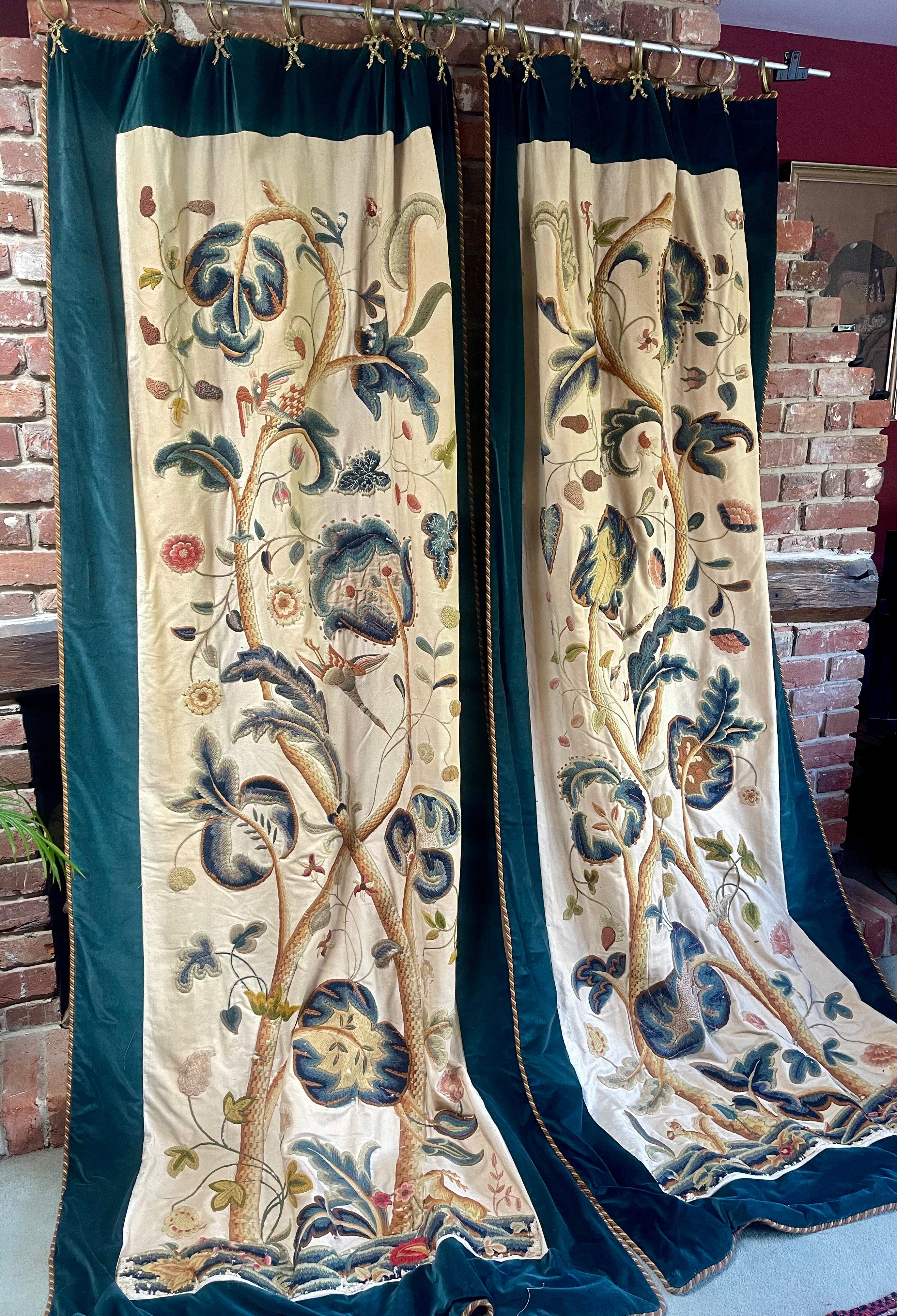 RESERVED FOR S  Antique English Crewelwork Curtains Tree of Life