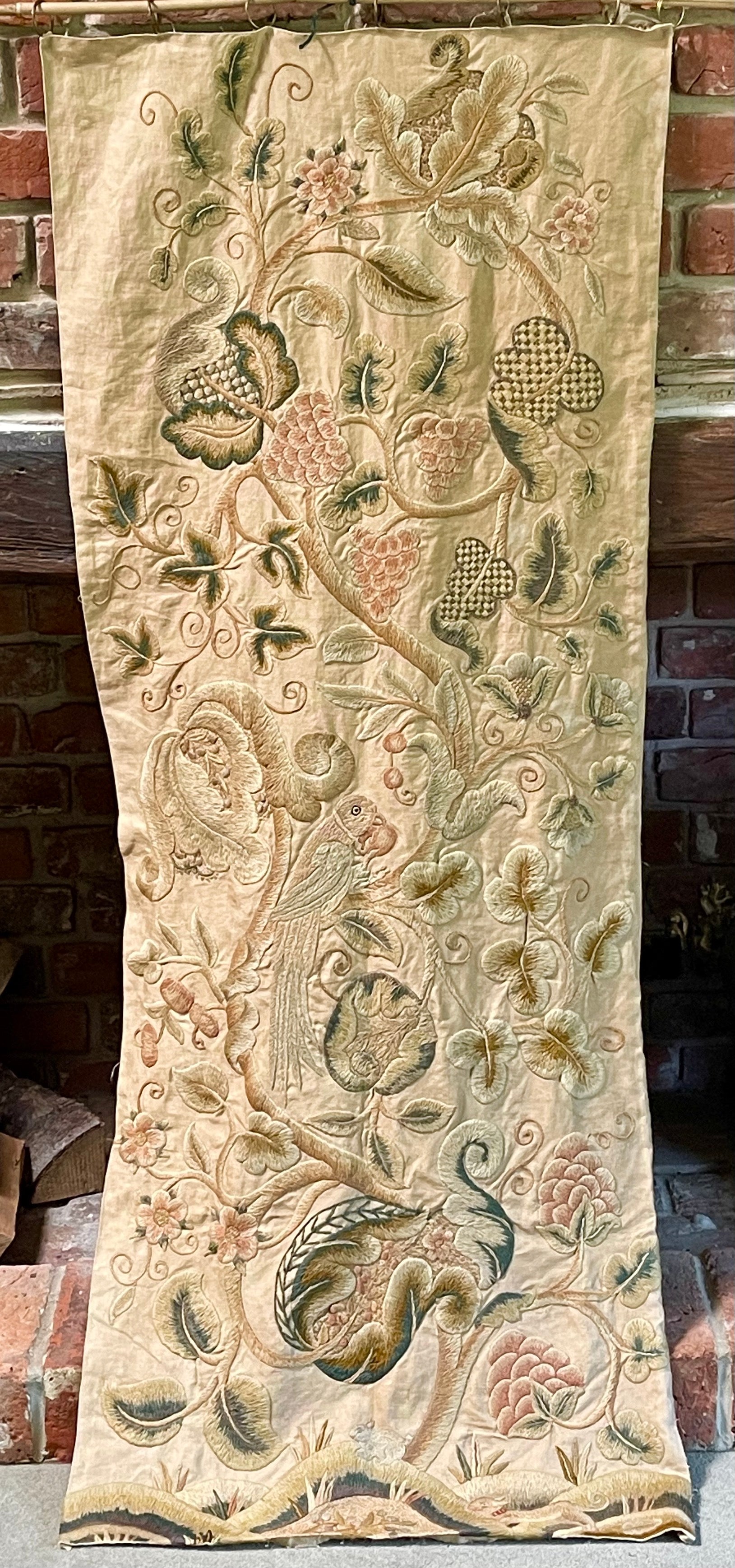 Antique English Crewelwork Curtain Panels PAIR