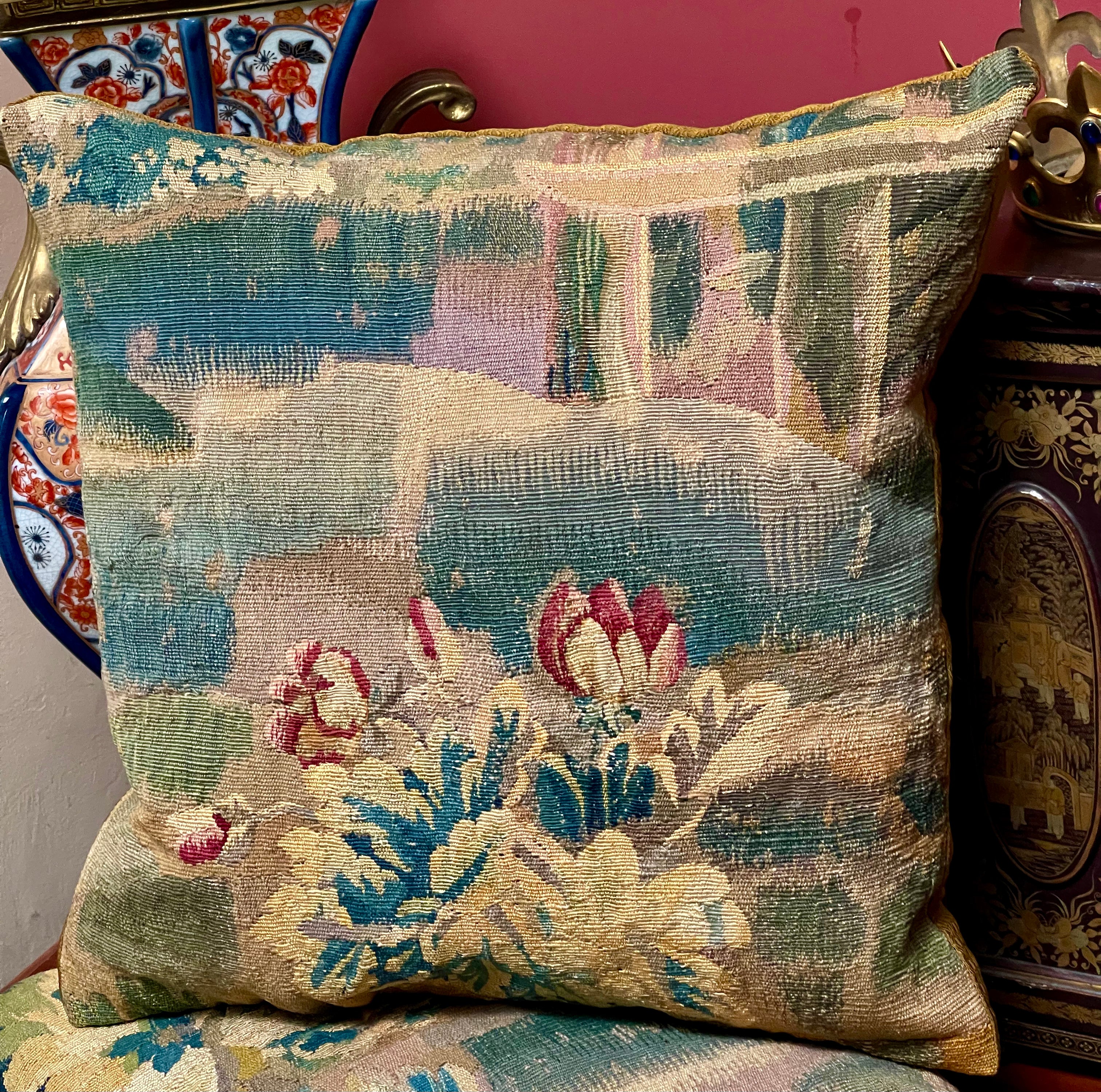 Antique Aubusson Tapestry Cushion  TULIPS