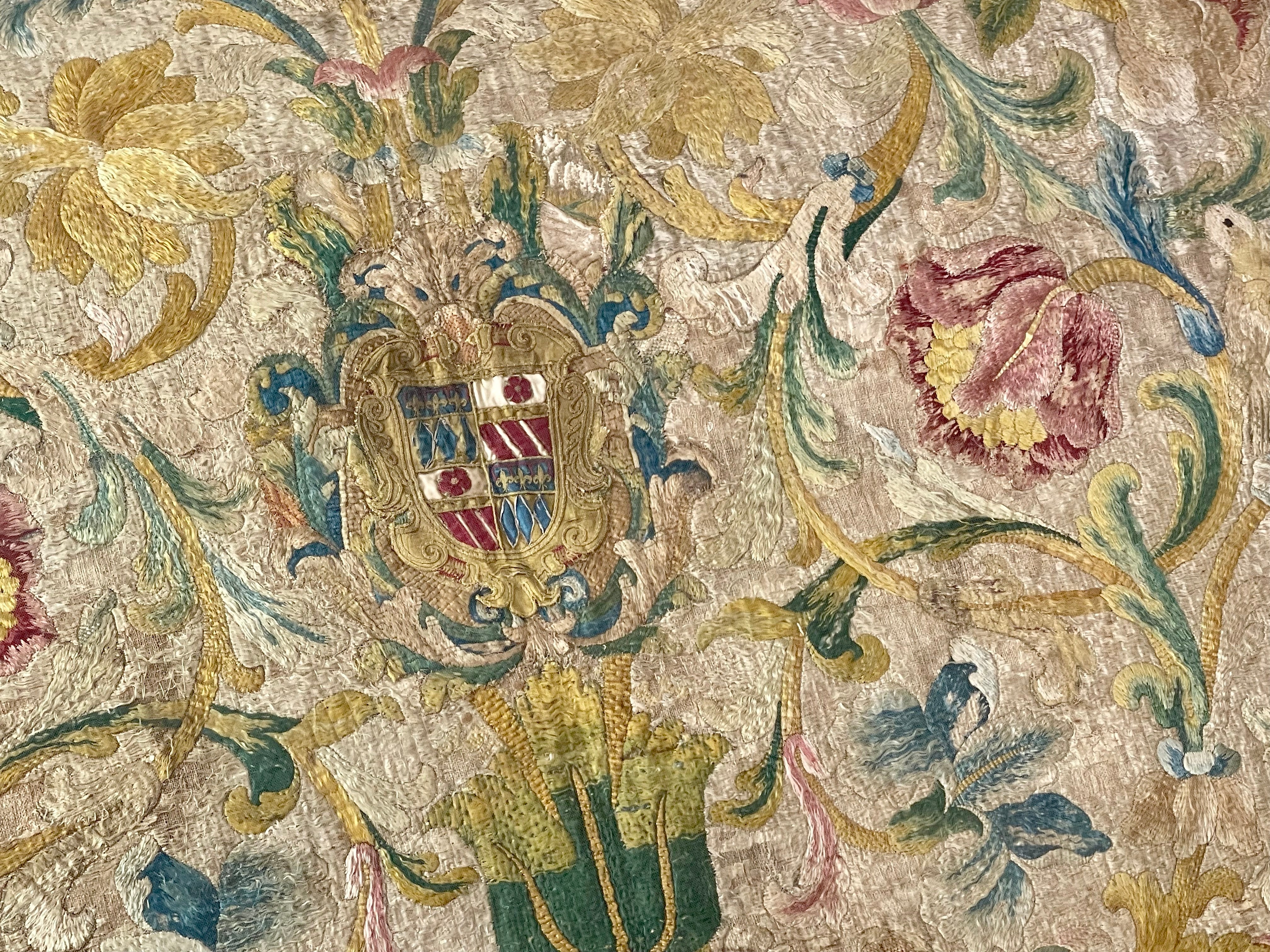 17th Century Italian Silk Floss Embroidered Armorial Panel