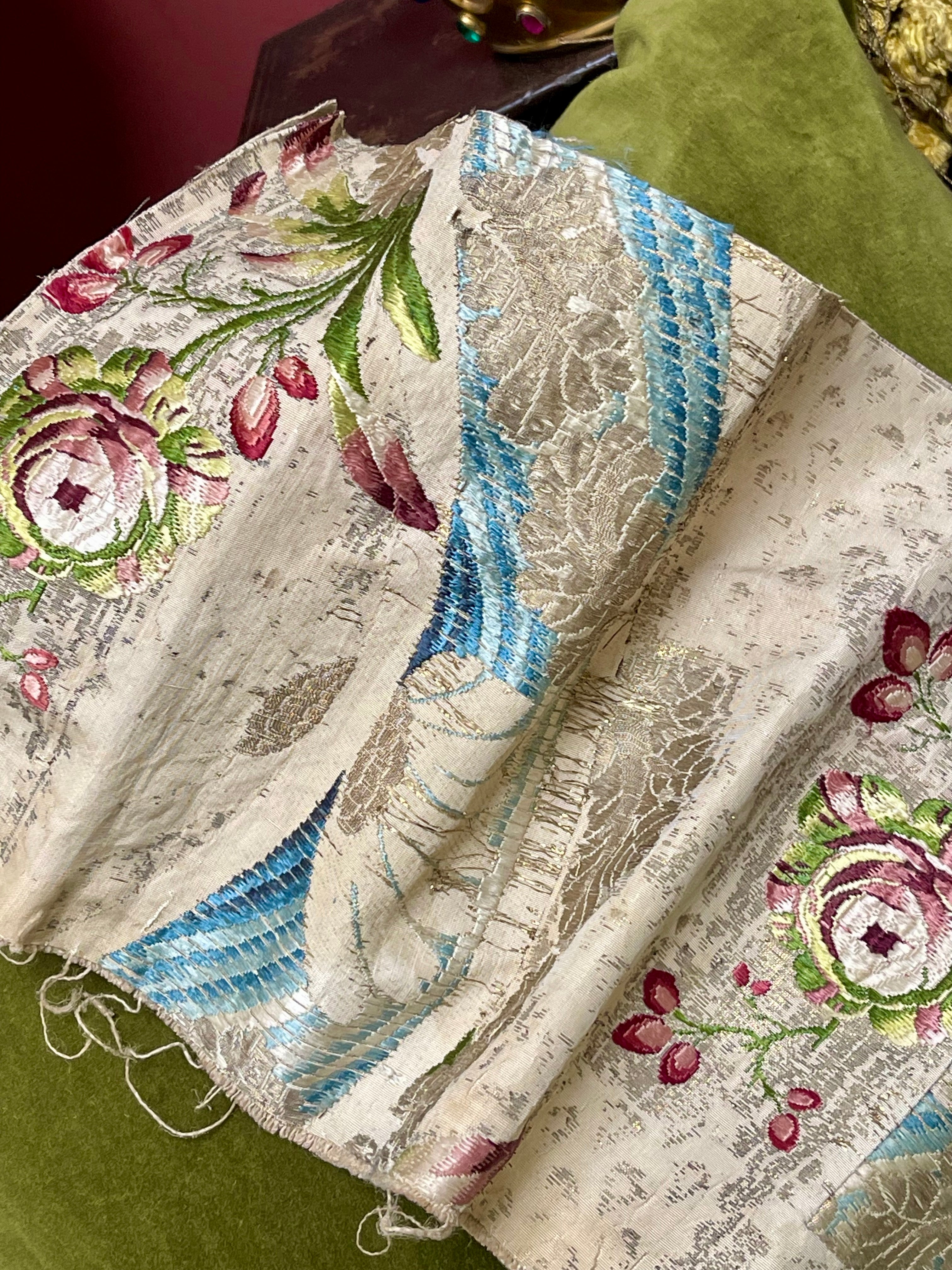 18th Century French Silk Brocade Silver Metal Threads