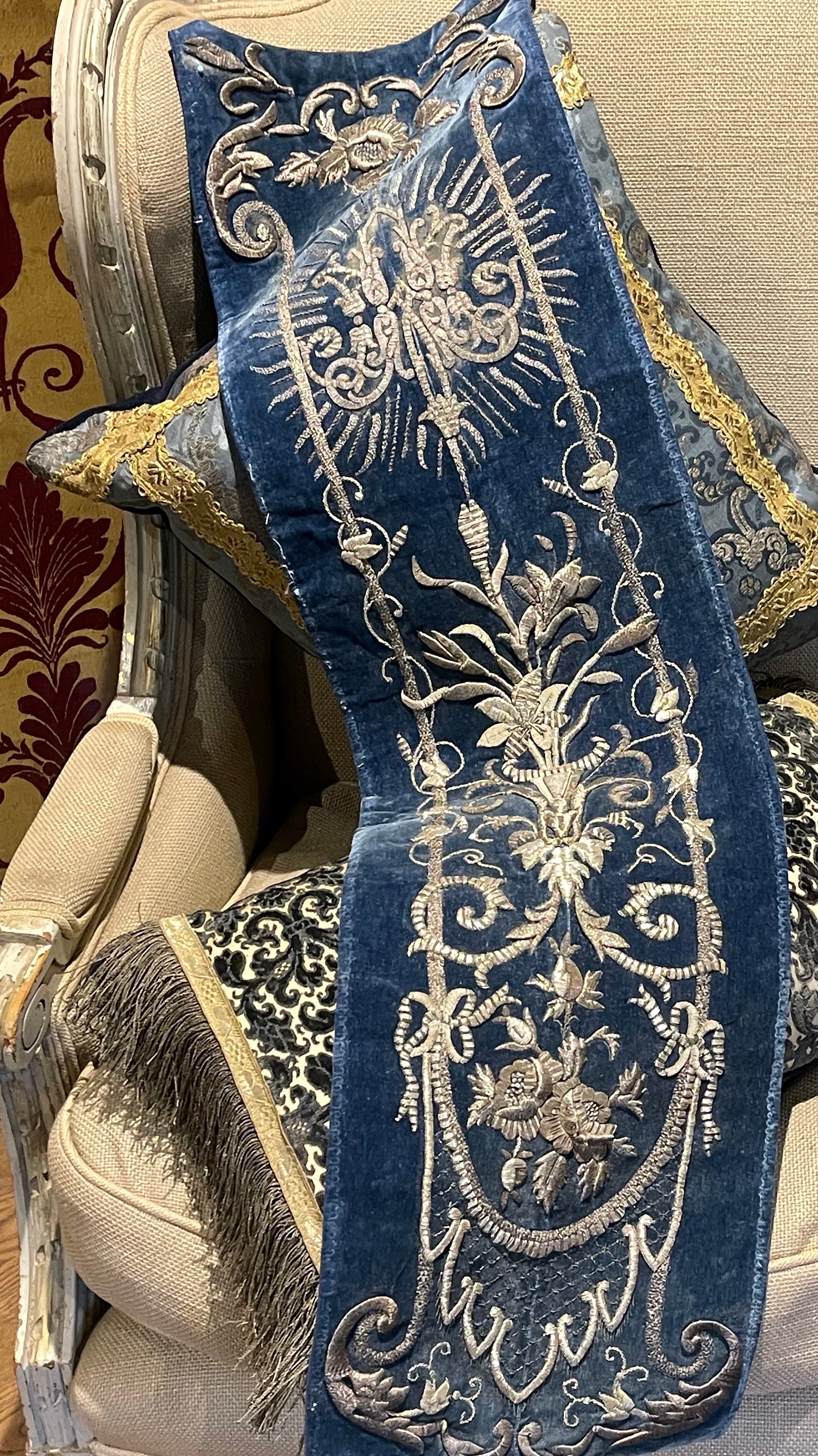 Antique Silver Metallic Embroidered Velvet Panel
