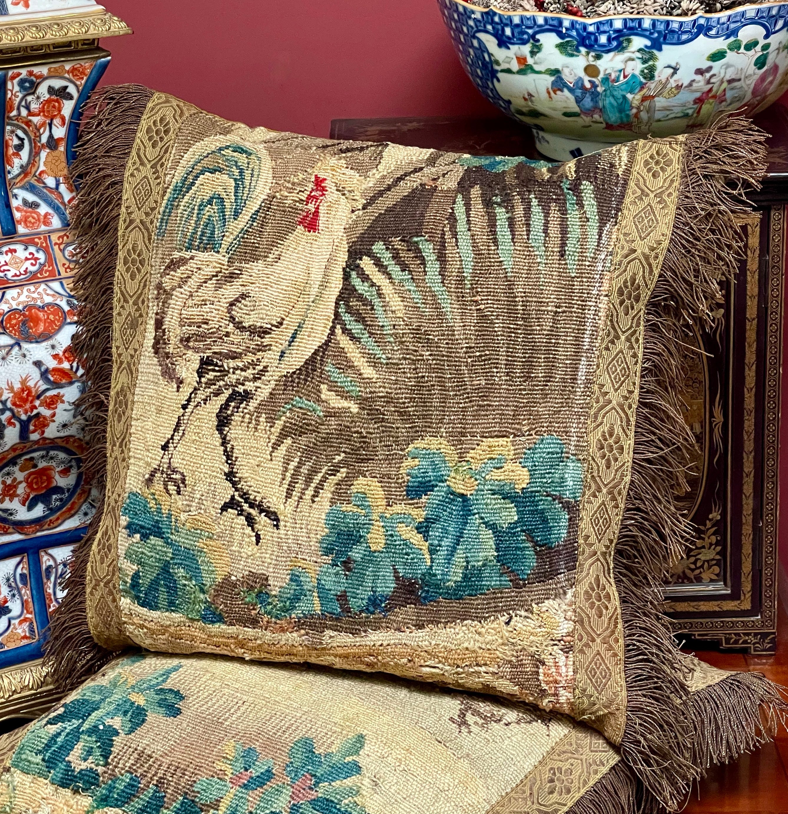 Antique Aubusson Tapestry Pillow COCKEREL