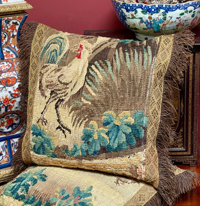 Antique Aubusson Tapestry Pillow COCKEREL