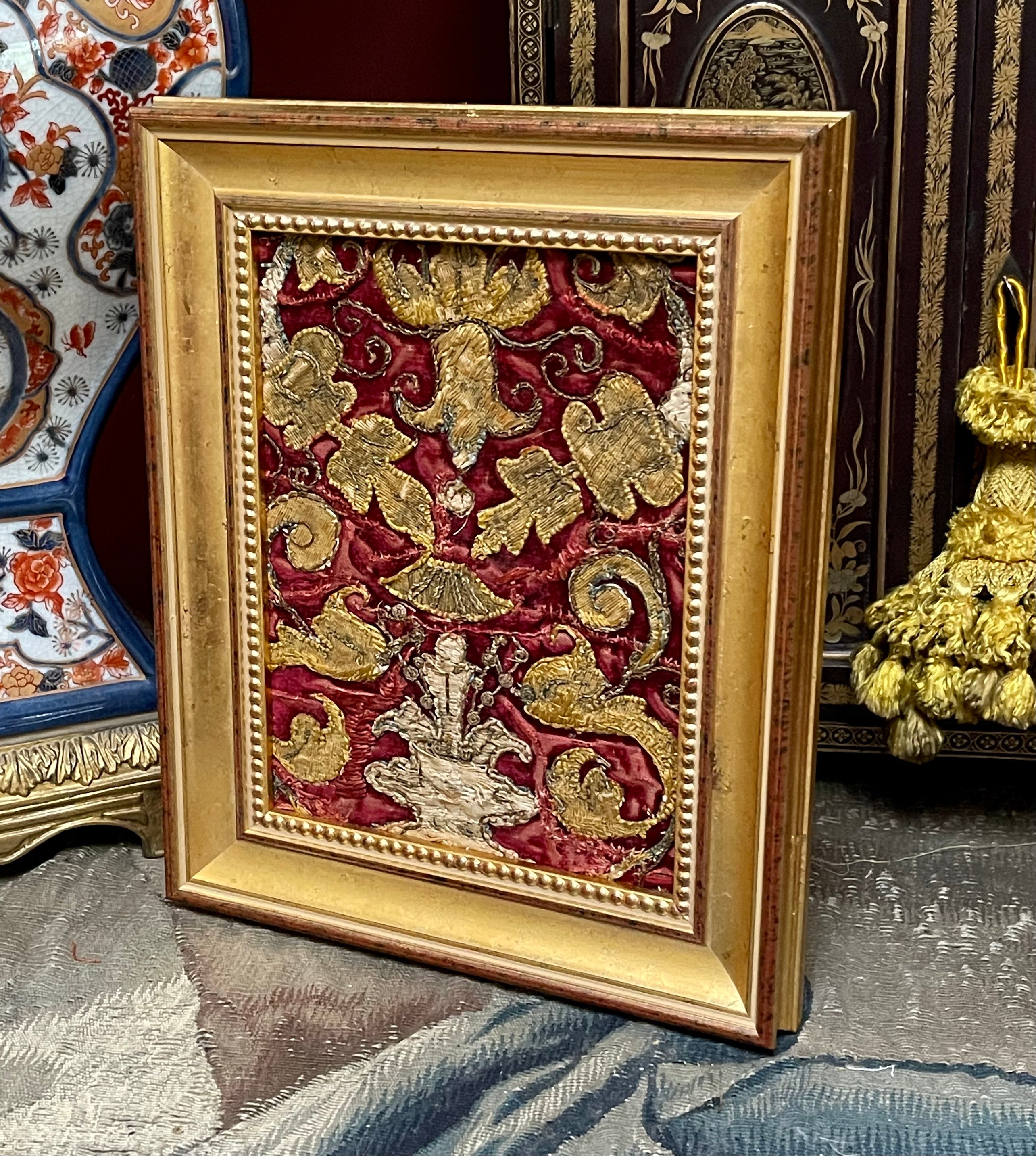 17th Century Embroidered Silk Velvet Panel