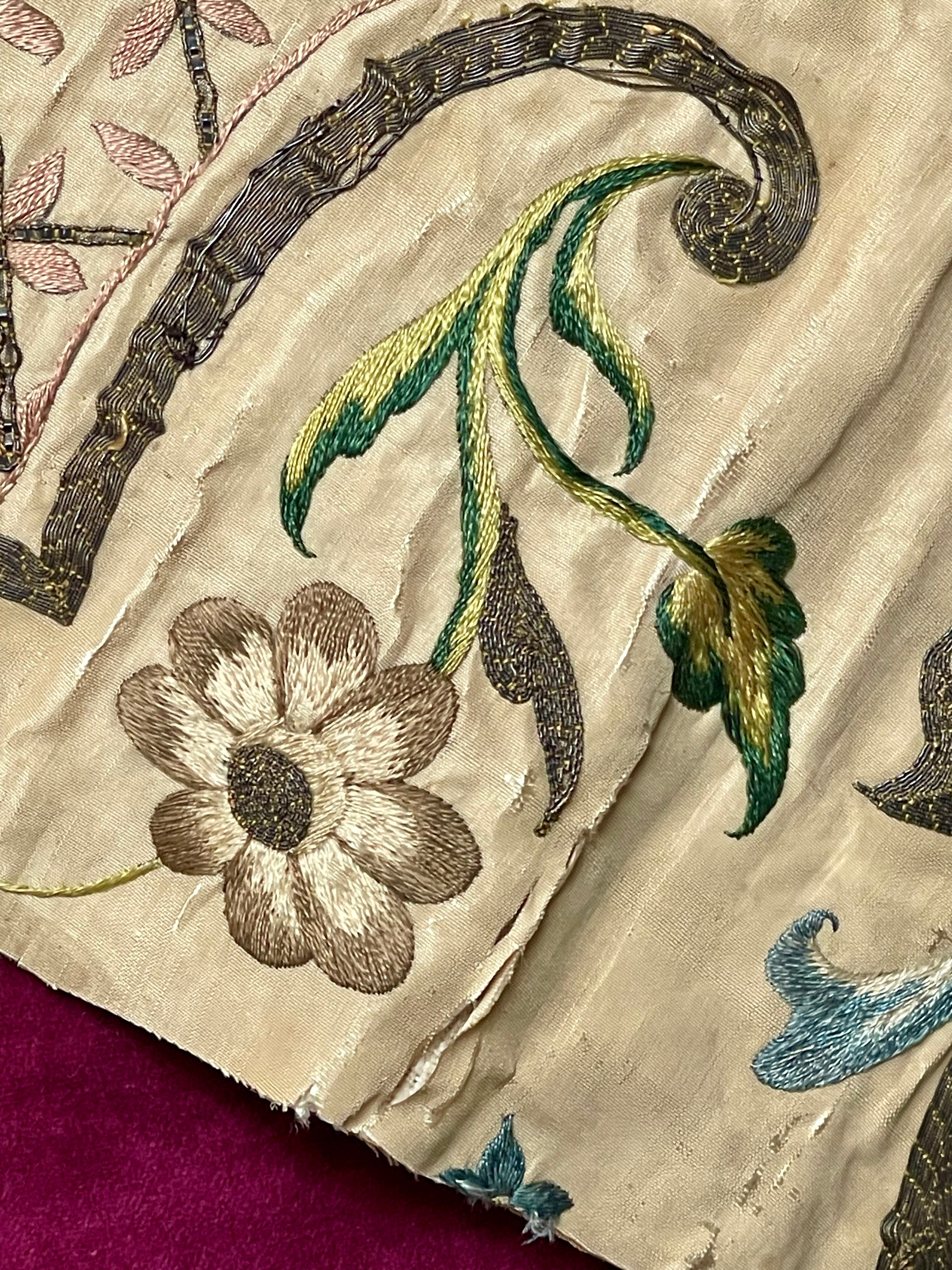 17th Century Embroidered Silk Costume Panel