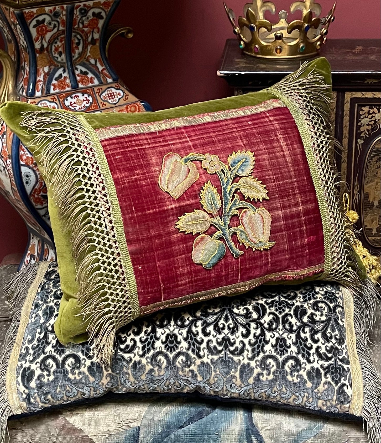 Antique Pillow 17th Century Pomegranate Needlework Slip
