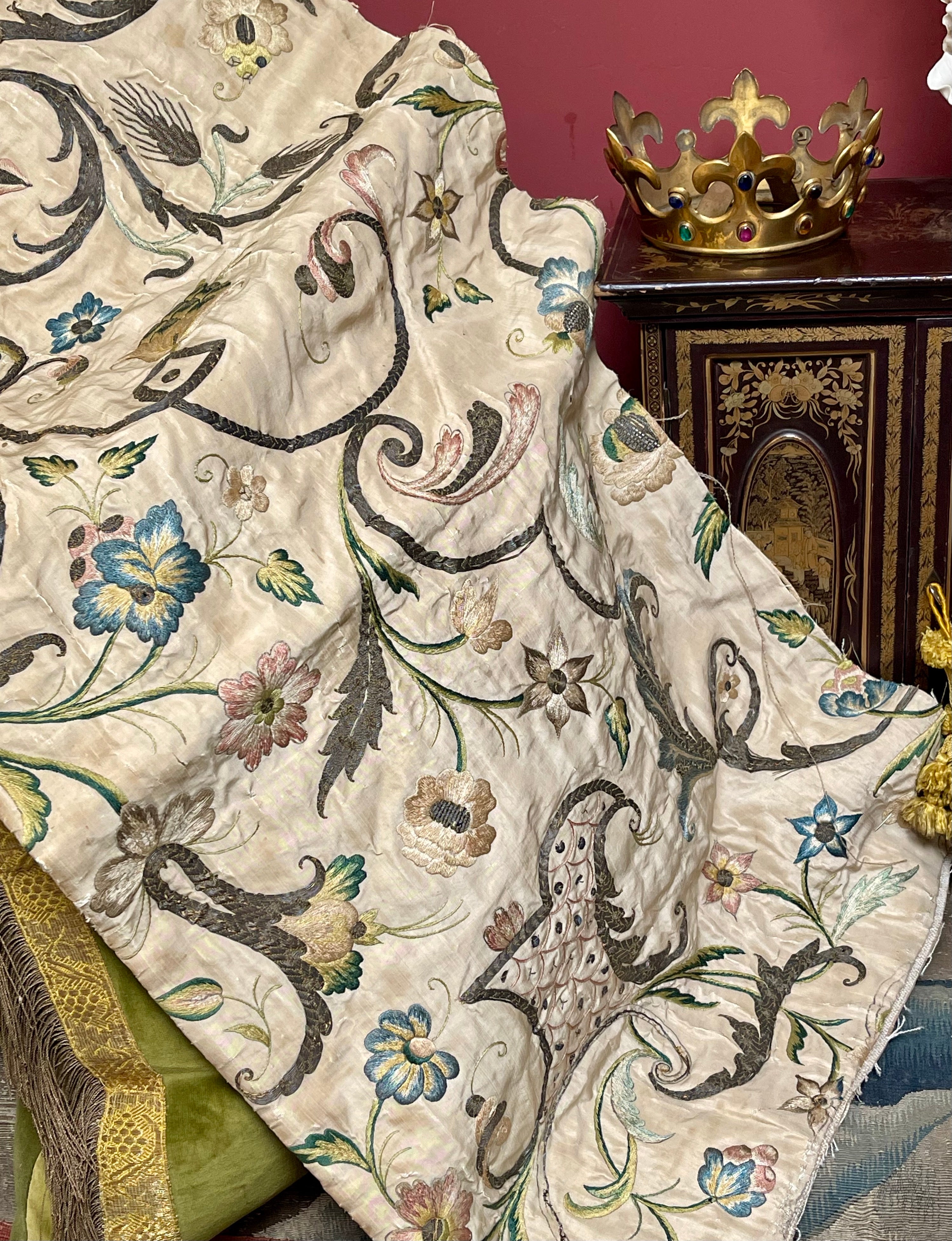 17th Century Embroidered Silk Panel