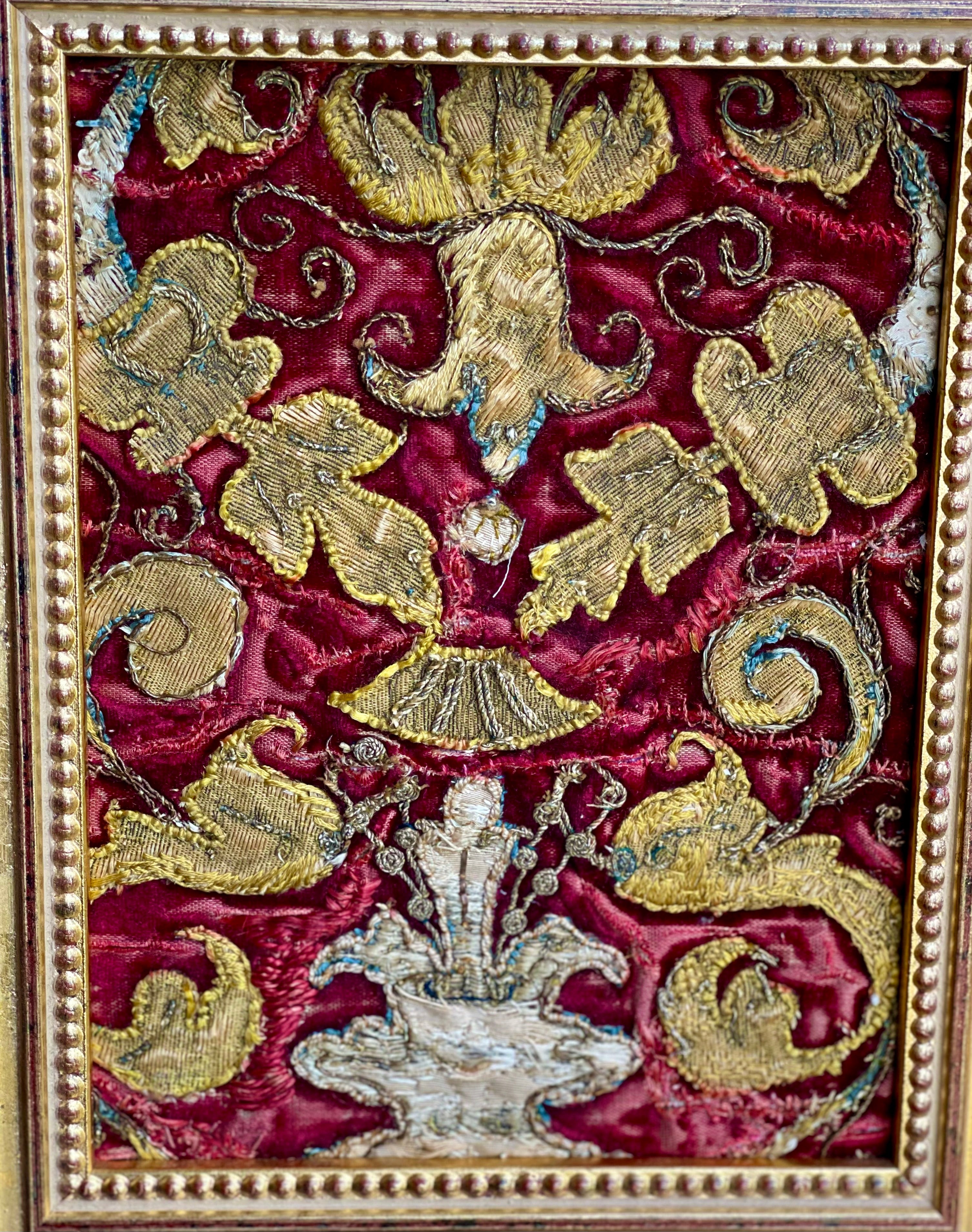 17th Century Embroidered Silk Velvet Panel