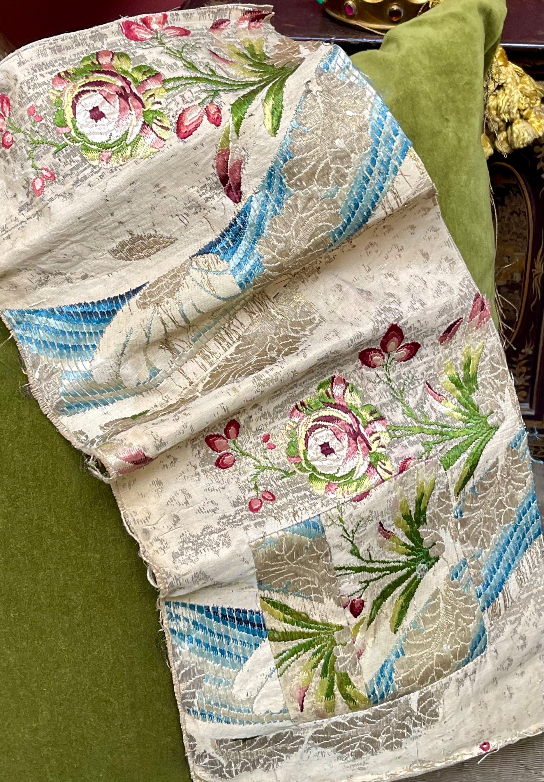 18th Century French Silk Brocade Silver Metal Threads
