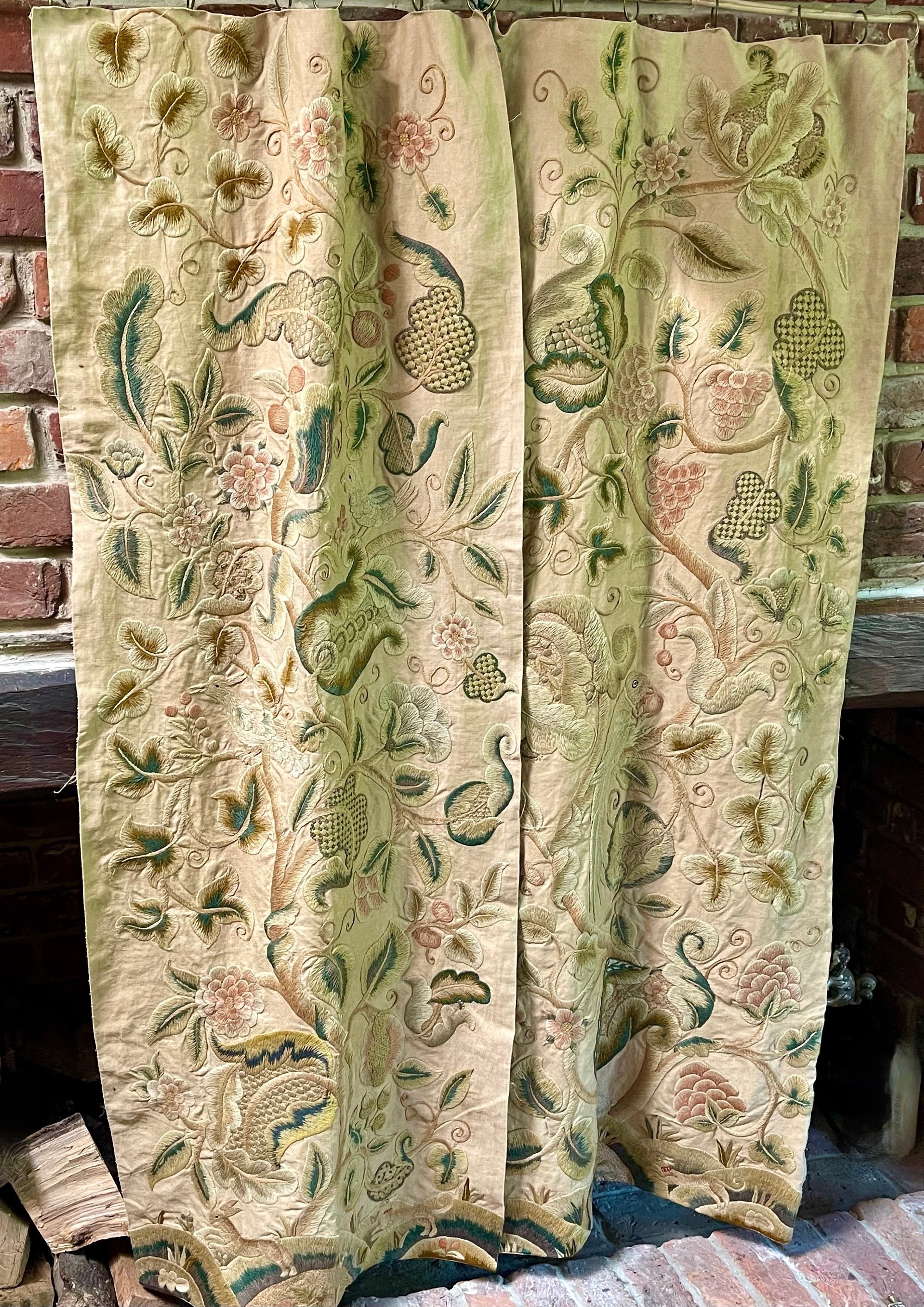 Antique English Crewelwork Curtain Panels PAIR