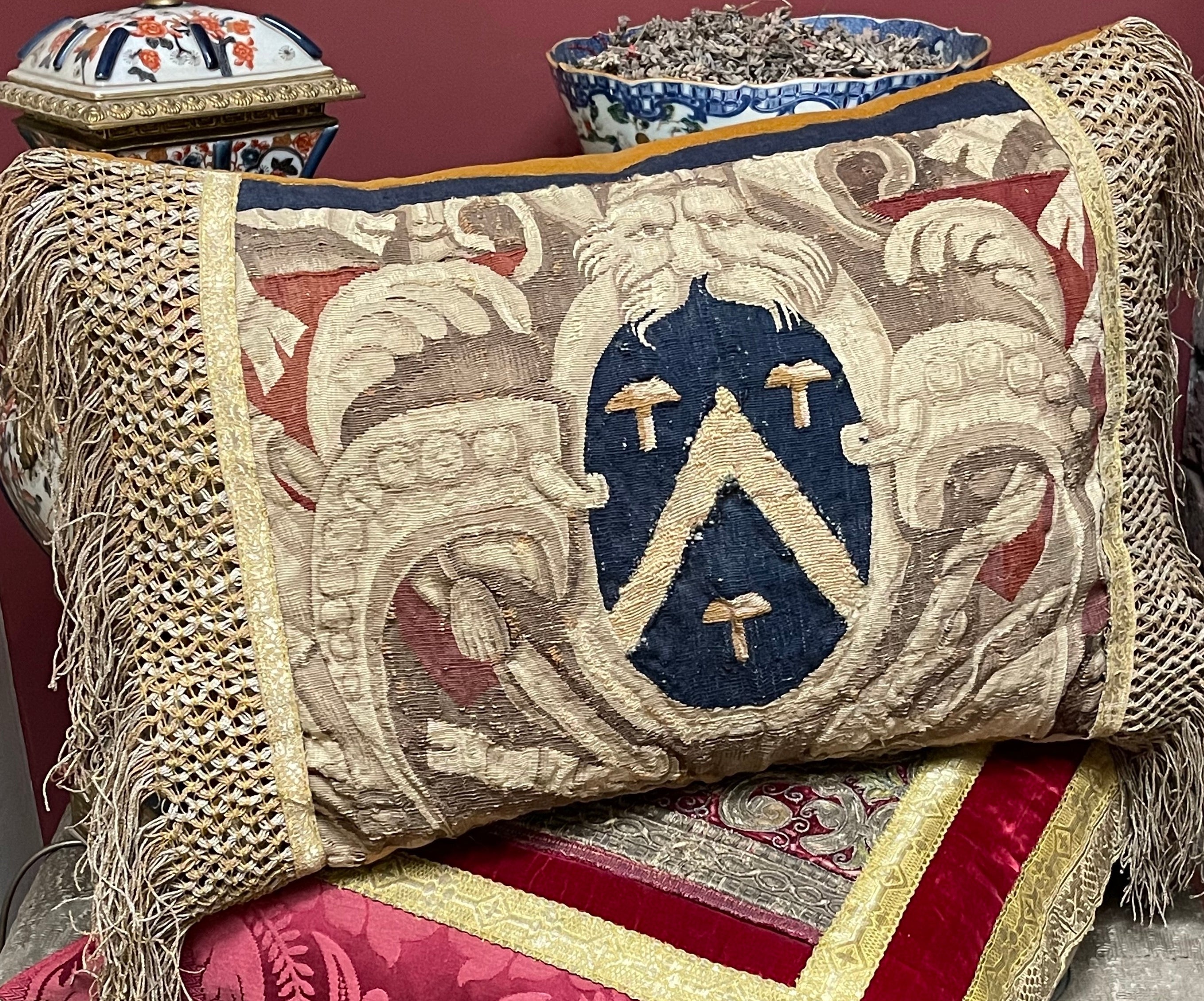 Antique Aubusson Tapestry Armorial Pillow