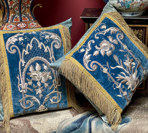 Antique Cushions Blue Velvet Silver Metallic Embroidery PAIR