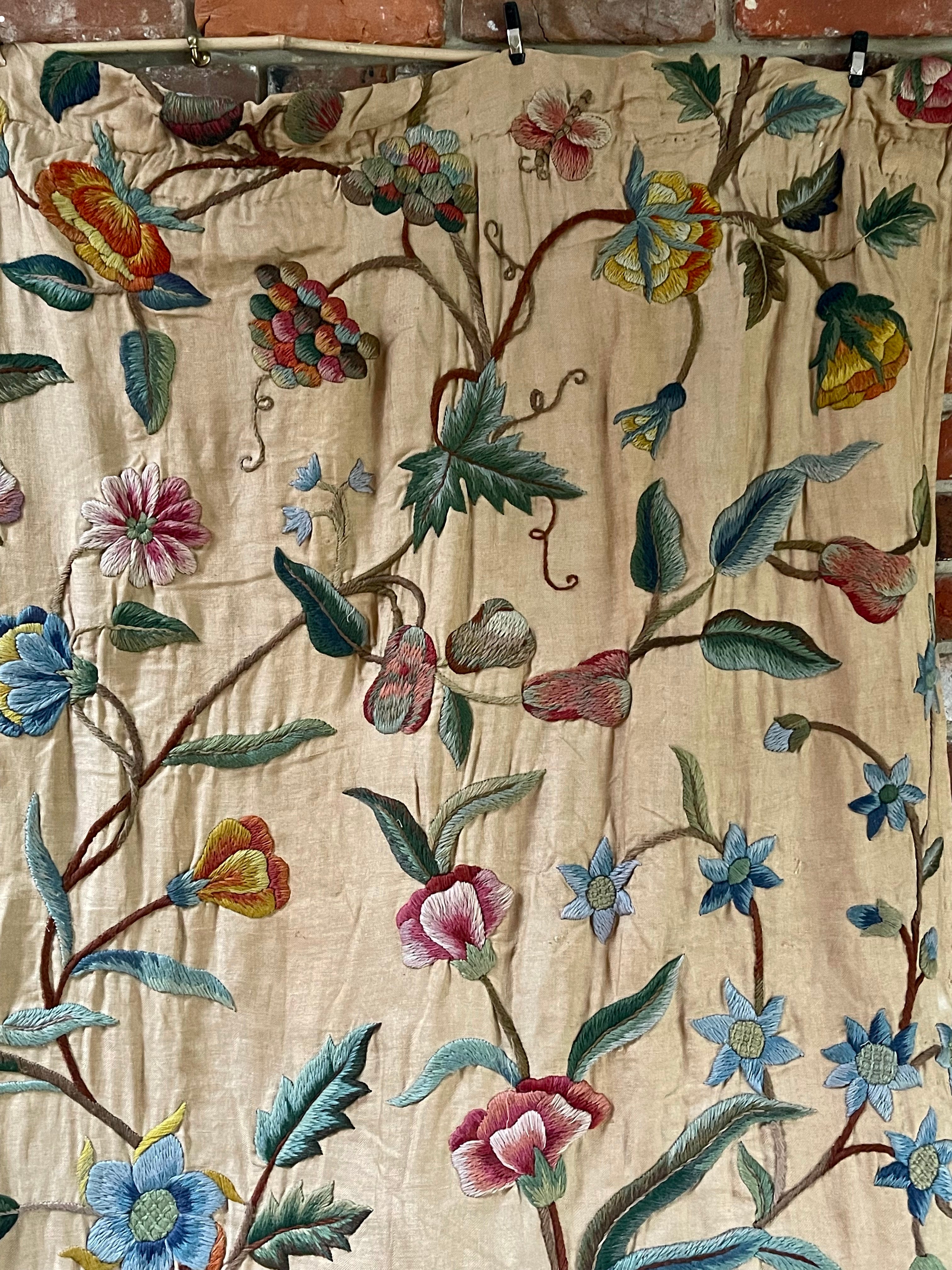 Antique Crewelwork Curtain Tree Of Life Birds Animals Circa 1800