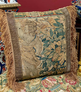 Antique Pillow 17th Century Tapestry Cherub Bird