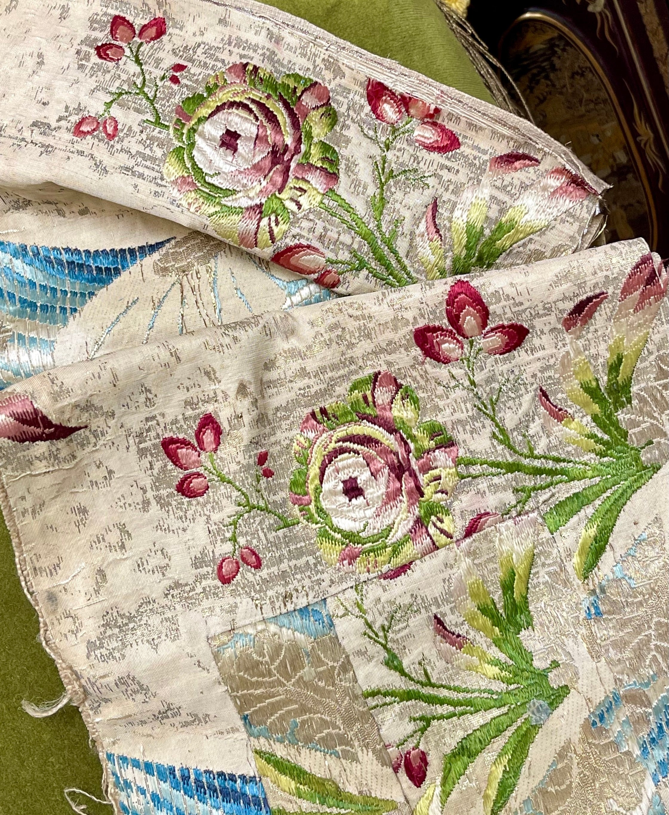 18th Century French Silk Brocade Silver Metal Threads