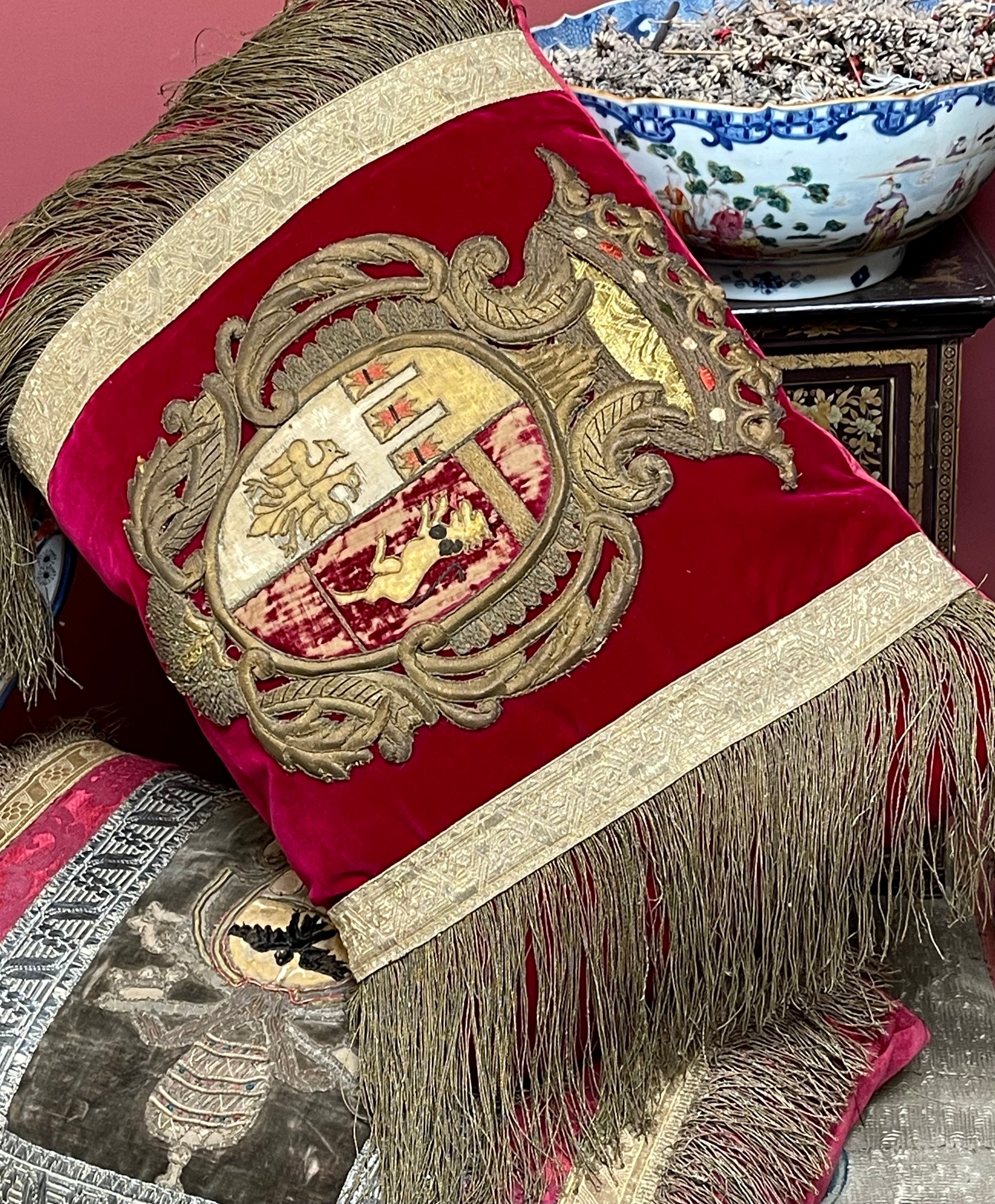 Antique Embroidered Coat of Arms Pillow