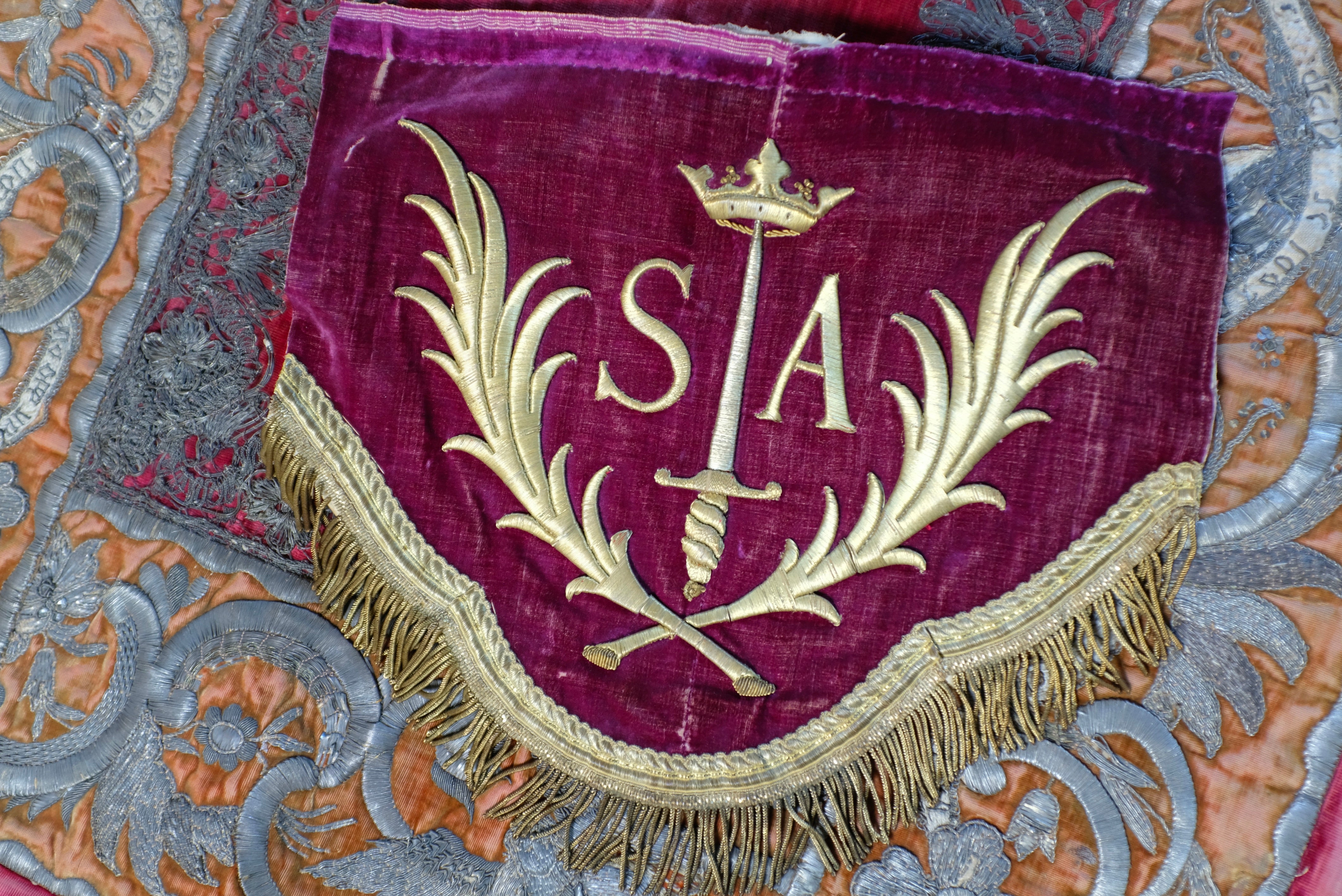 Antique French Armorial Embroidered Silk Velvet