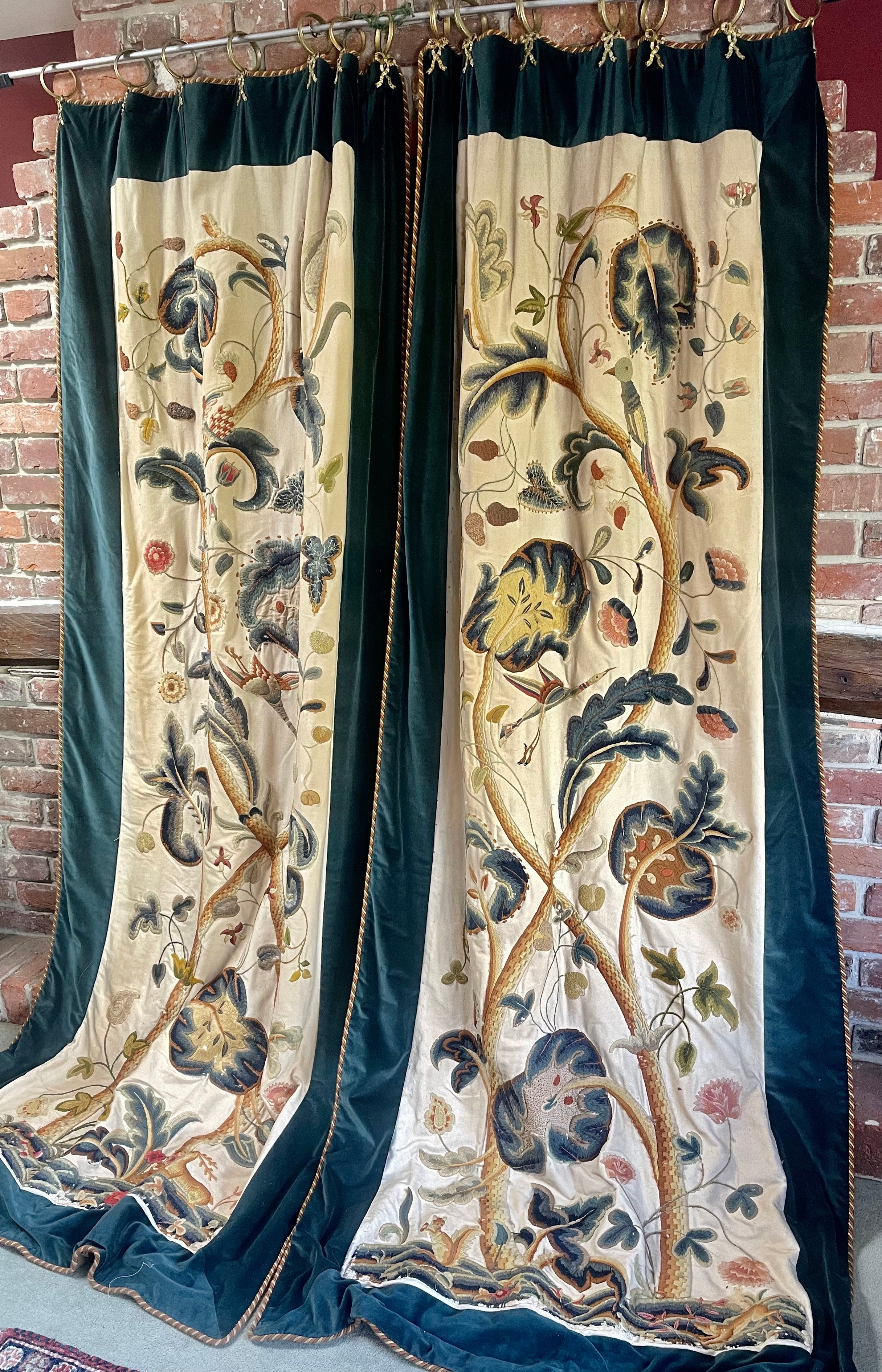 RESERVED FOR S  Antique English Crewelwork Curtains Tree of Life