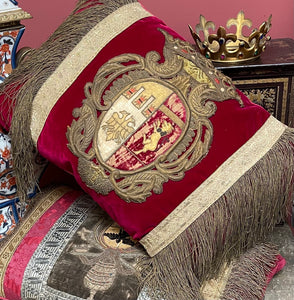 Antique Embroidered Coat of Arms Pillow