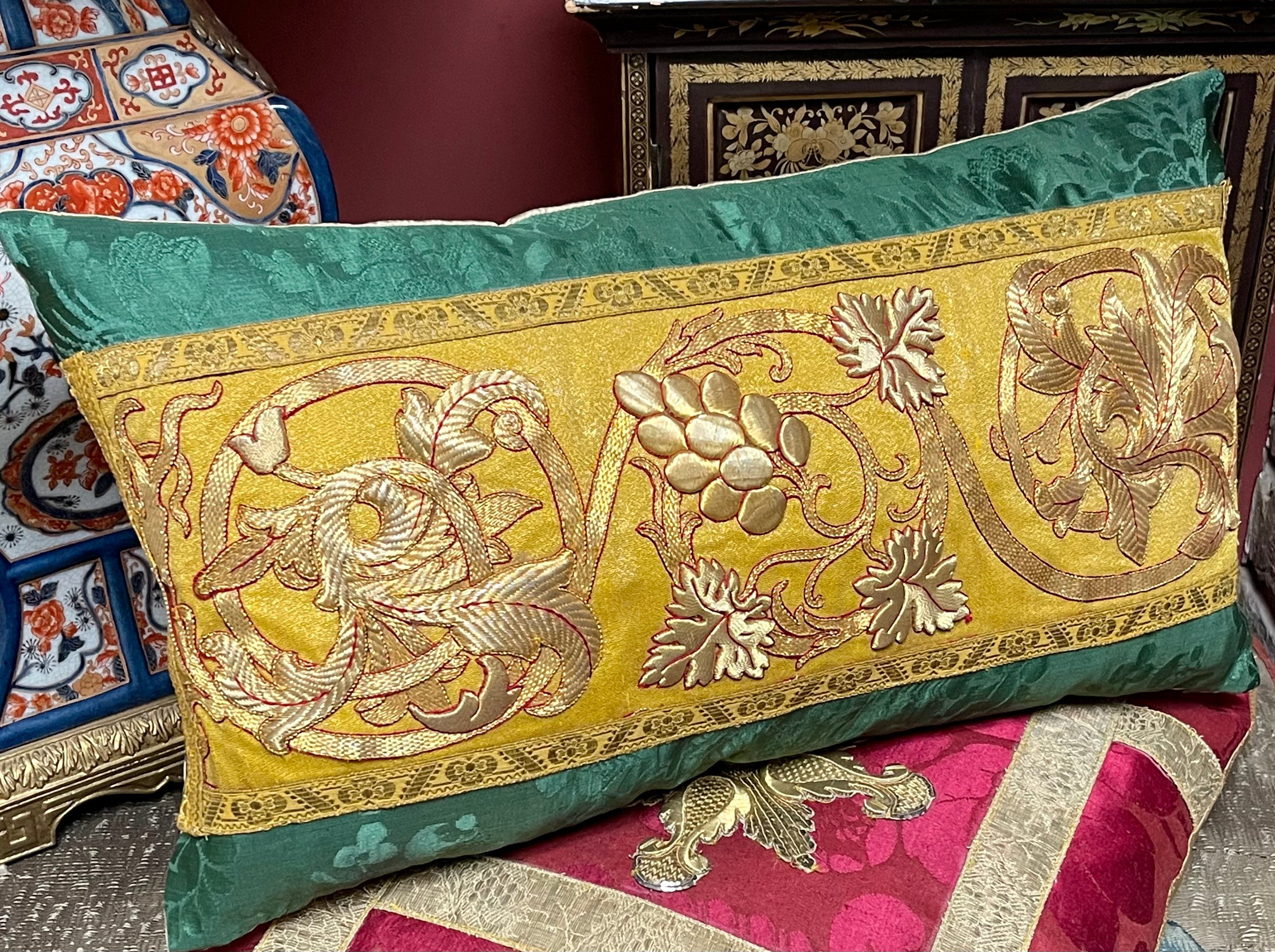 Antique Gold Metallic Embroidery Pillow