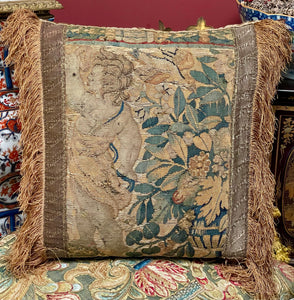 Antique Pillow 17th Century Tapestry Cherub Bird