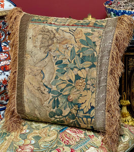 Antique Pillow 17th Century Tapestry Cherub Bird