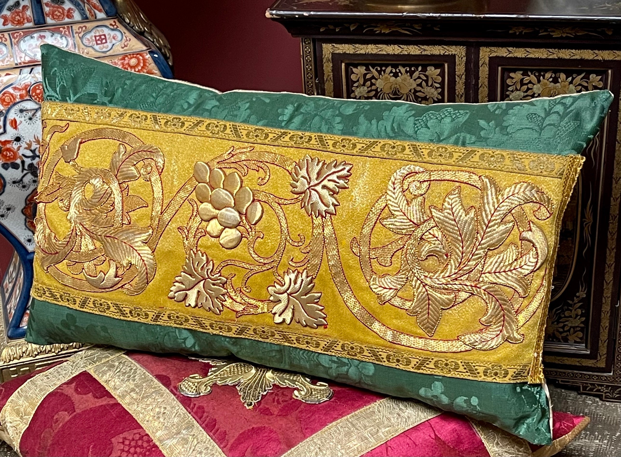 Antique Gold Metallic Embroidery Pillow