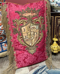 Antique Pillow 17th Century Embroidered Coat of Arms