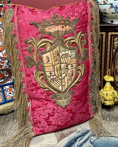 Antique Pillow 17th Century Embroidered Coat of Arms