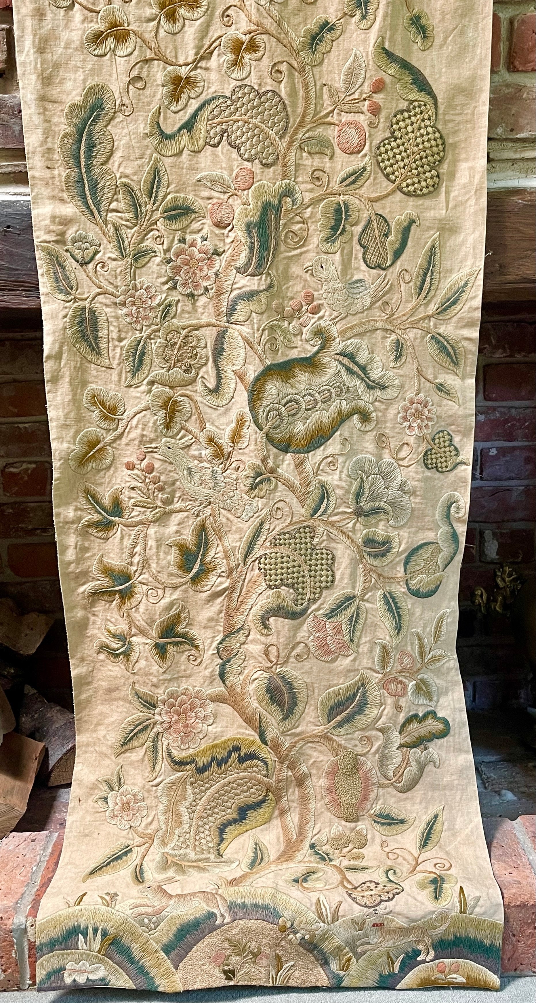 Antique English Crewelwork Curtain Panels PAIR