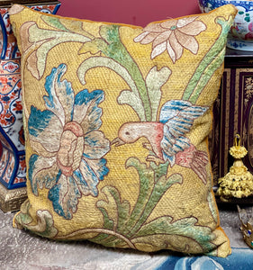 Antique Pillow 17th Century Silk Floss Embroidery BIRD