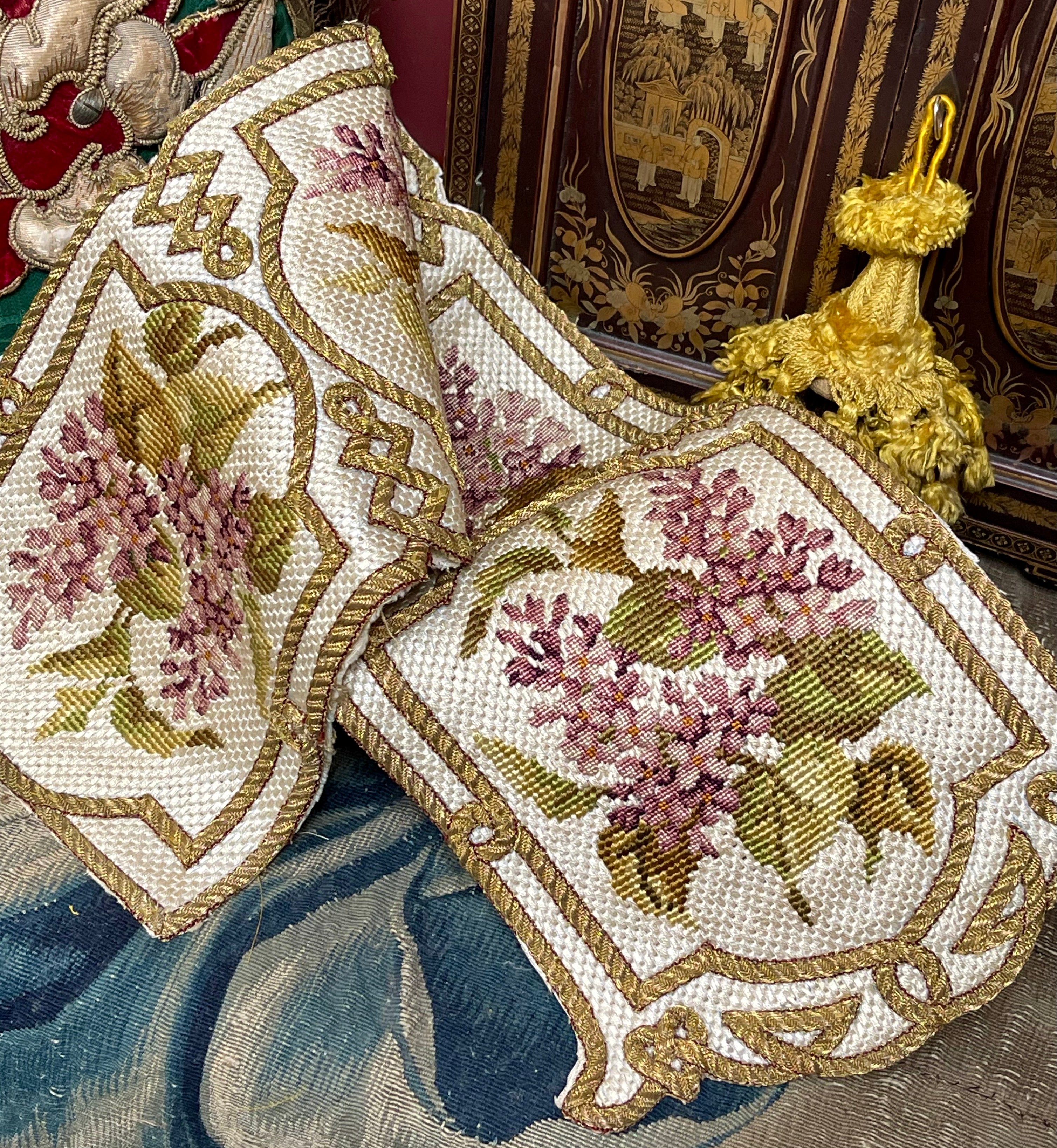 Antique French Silk Embroidered Panel Lilacs