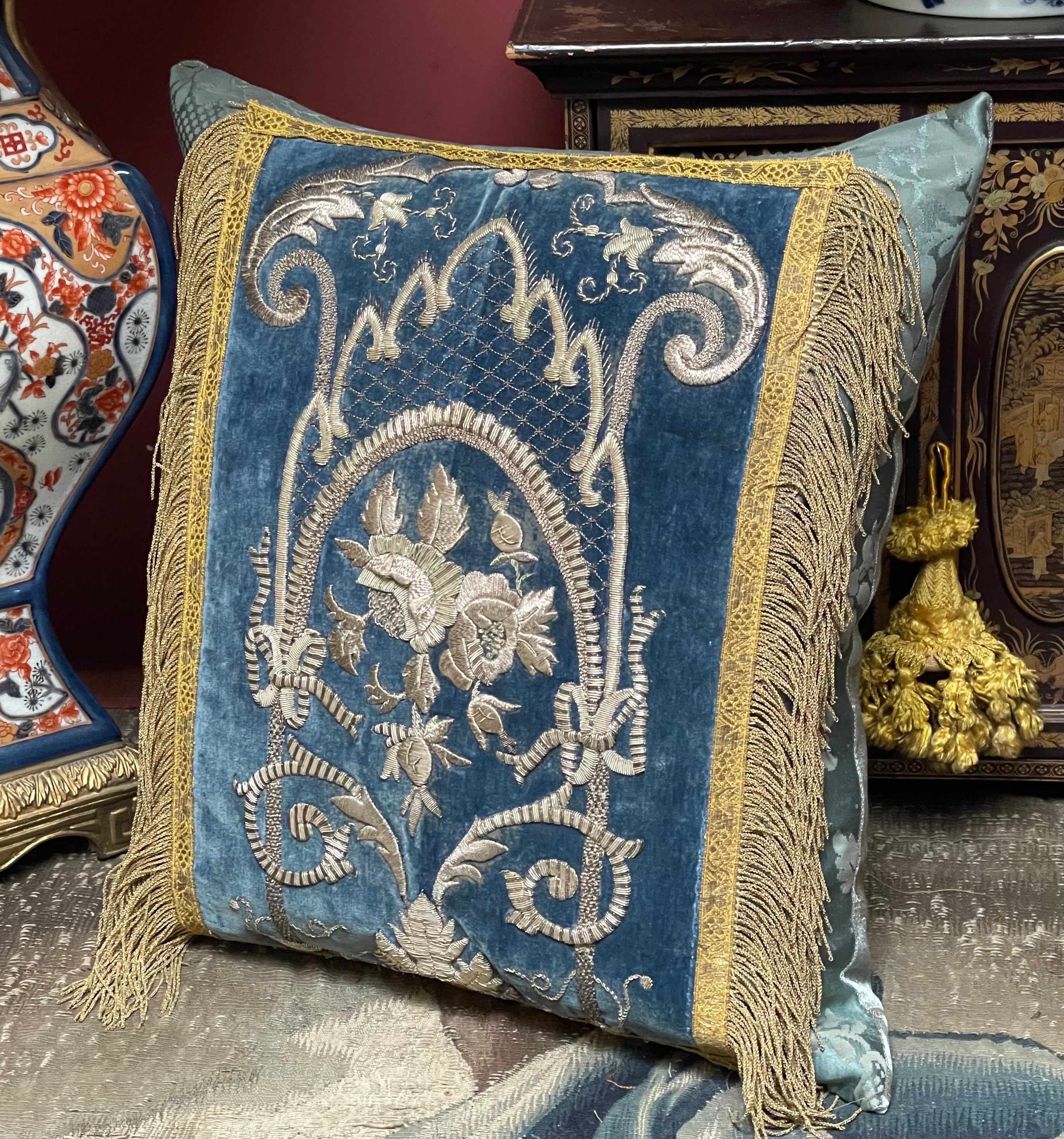 Antique Cushions Blue Velvet Silver Metallic Embroidery PAIR