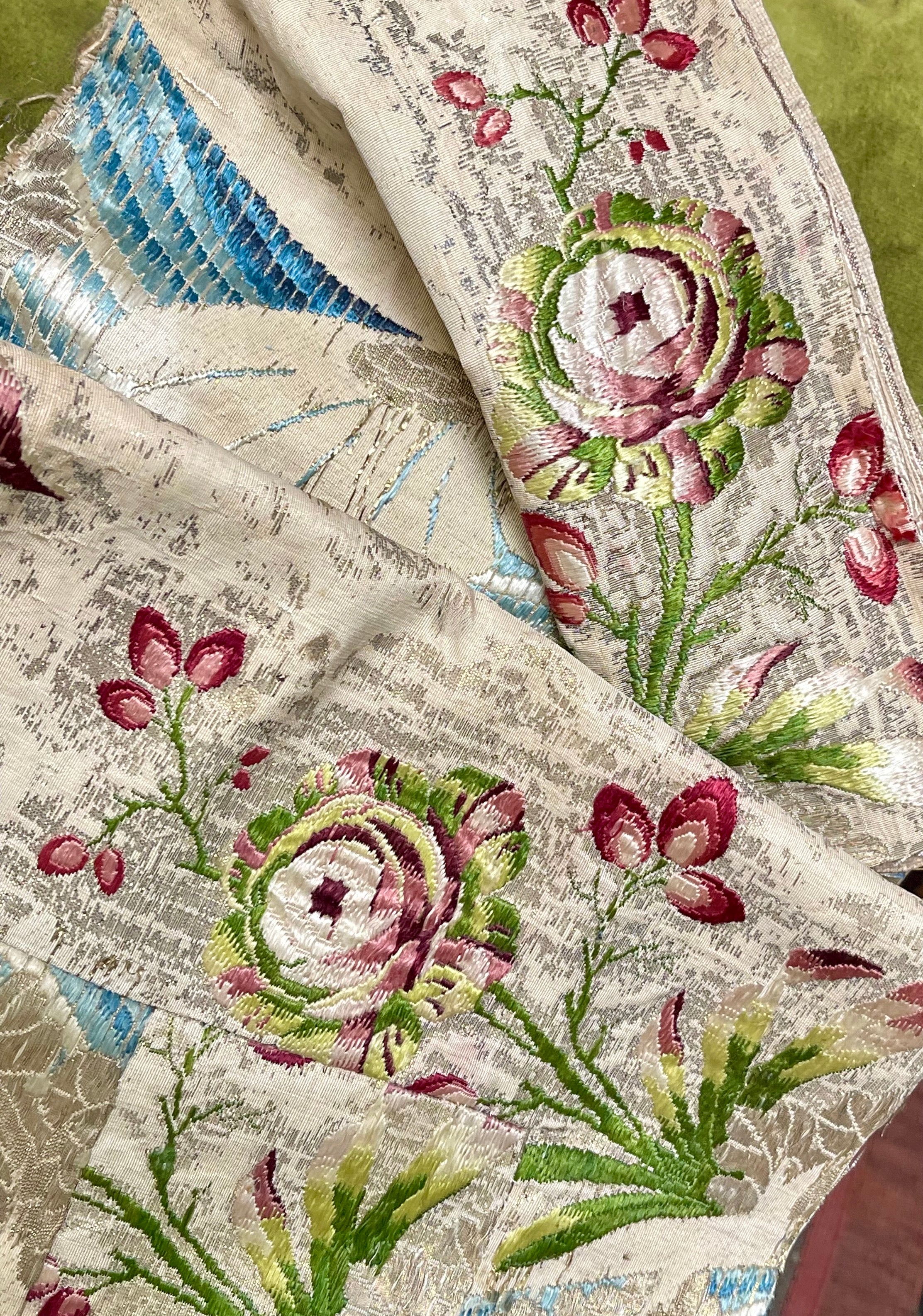 18th Century French Silk Brocade Silver Metal Threads