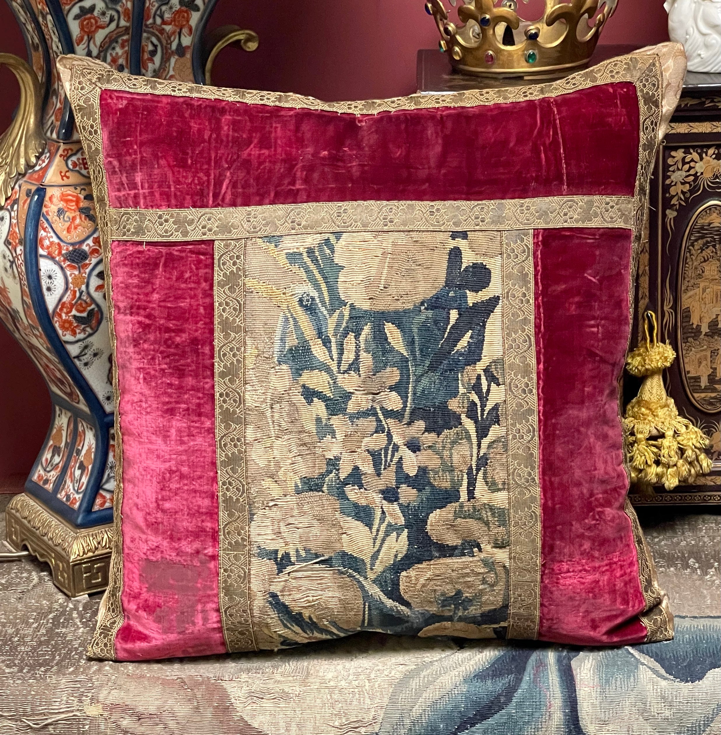 Antique Pillow 17th Century Velvet and Aubusson Tapestry