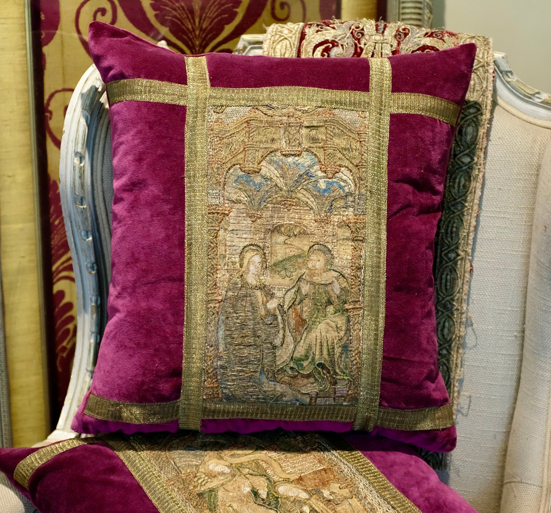 Hand Made Bespoke Pillows Medieval Embroidery Life of The Virgin