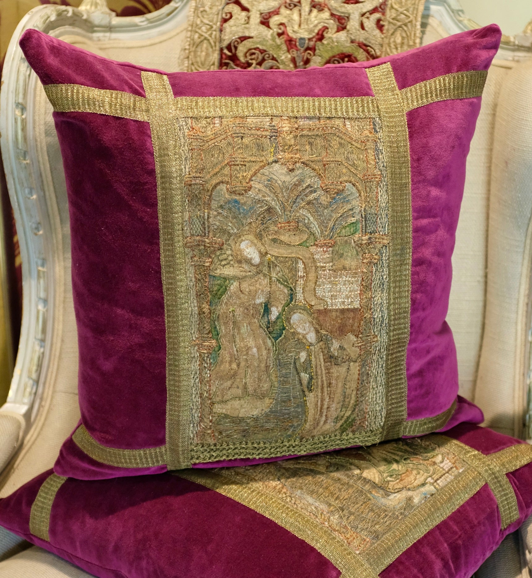 Hand Made Bespoke Pillows Medieval Embroidery Life of The Virgin