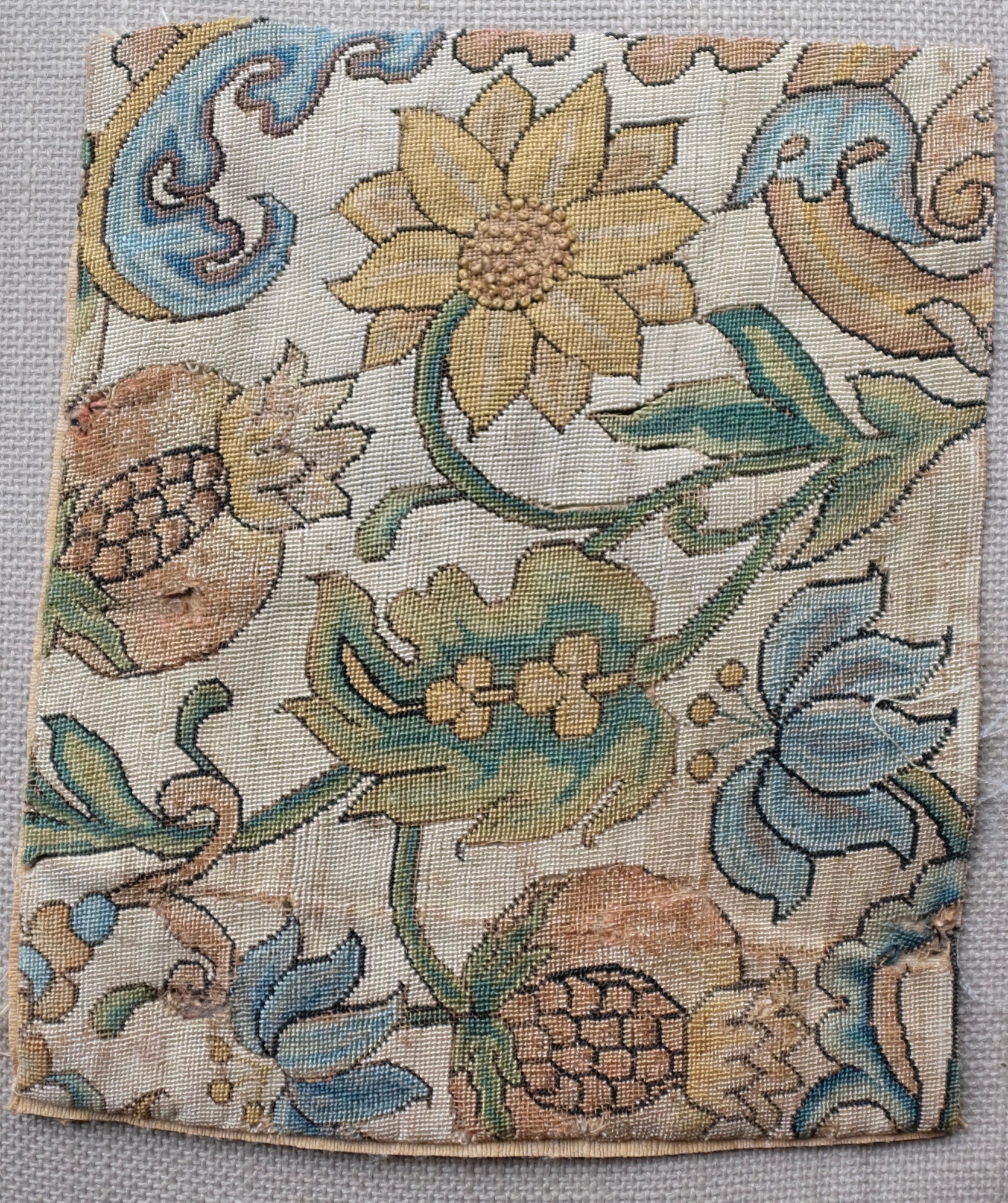 17th Century English Needlework Fragment Pomegranates