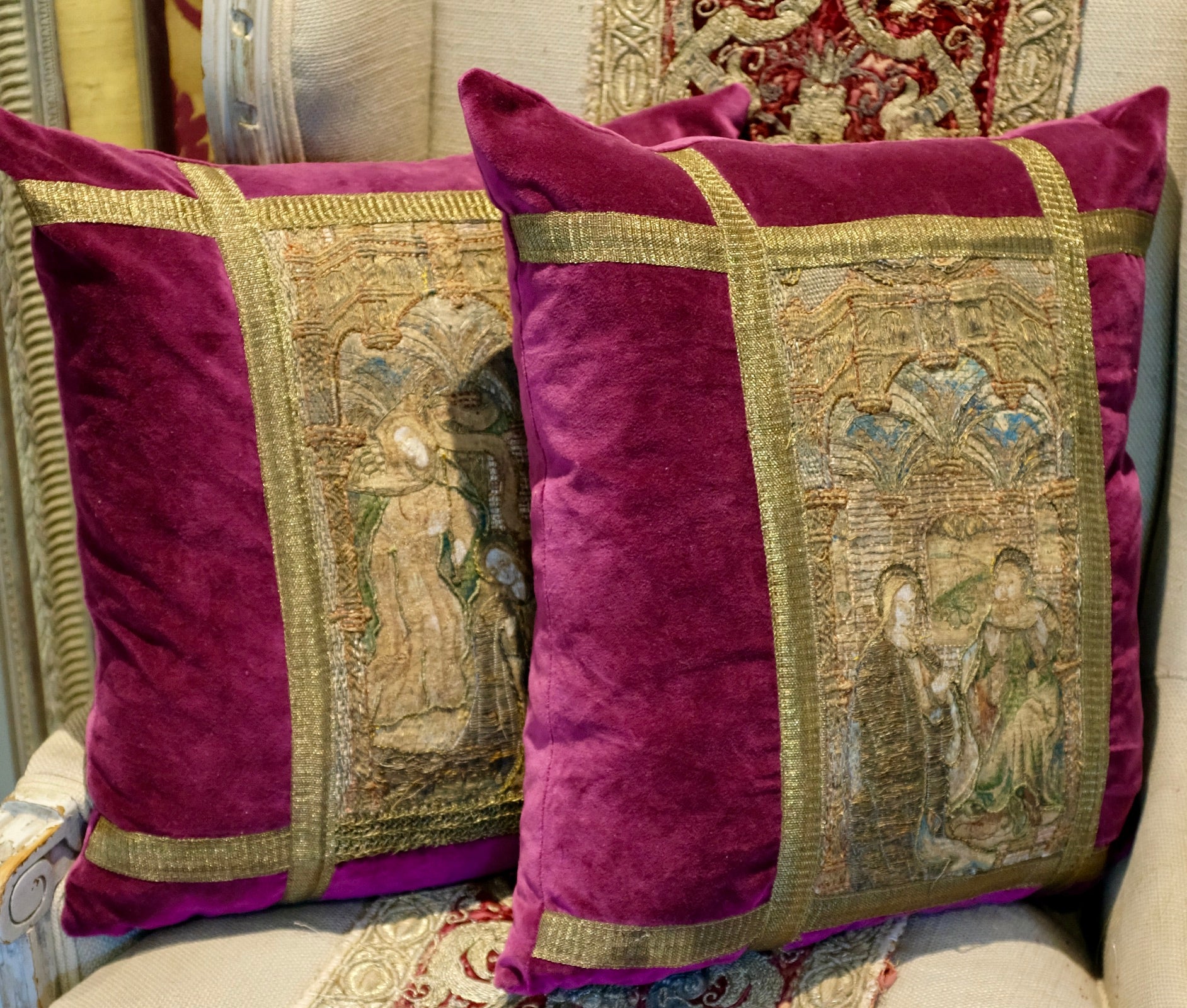 Hand Made Bespoke Pillows Medieval Embroidery Life of The Virgin