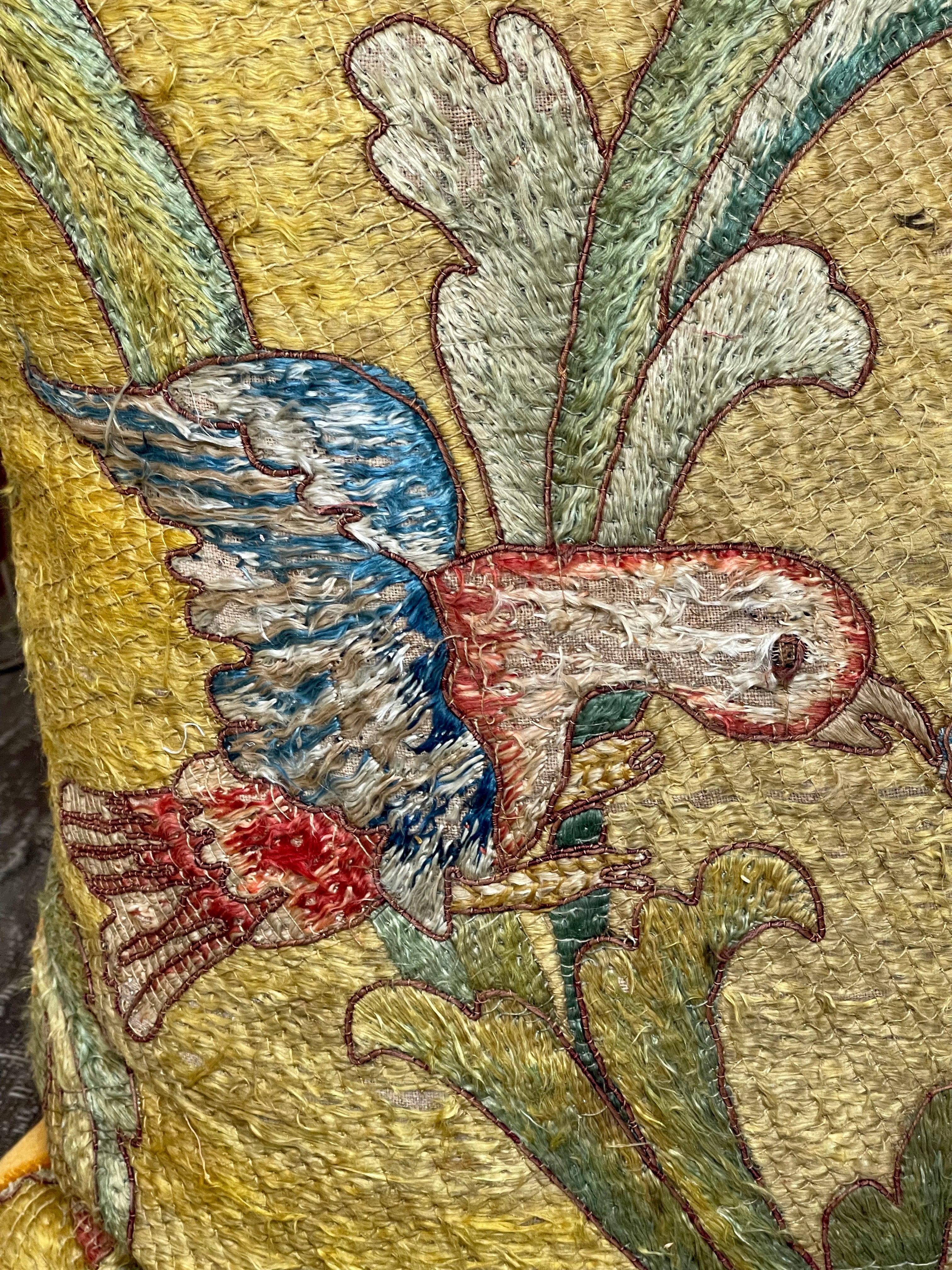 Antique Cushion 17th Century Embroidery BIRD