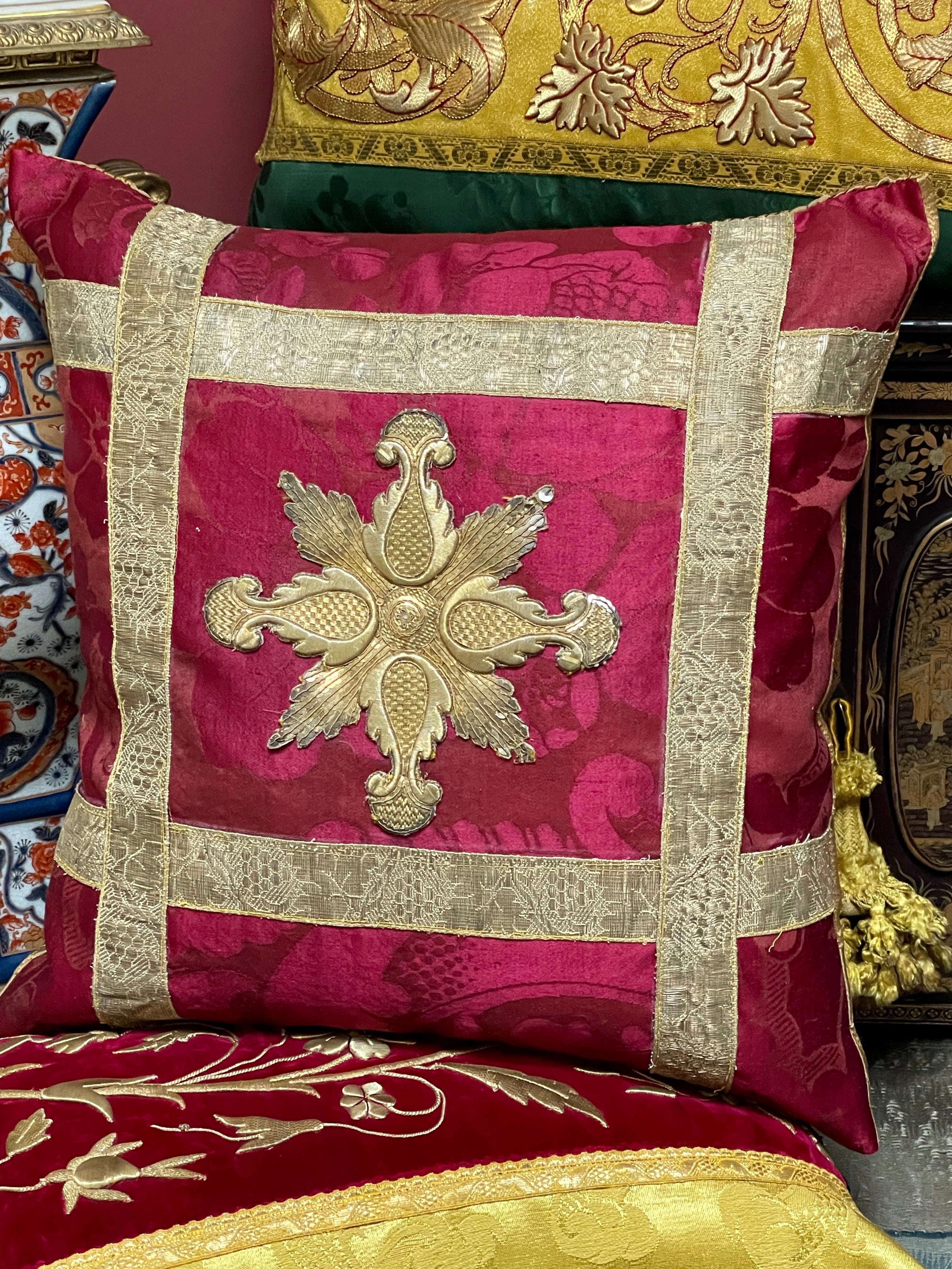 Antique Silk Pillow Gold Metallic Applique